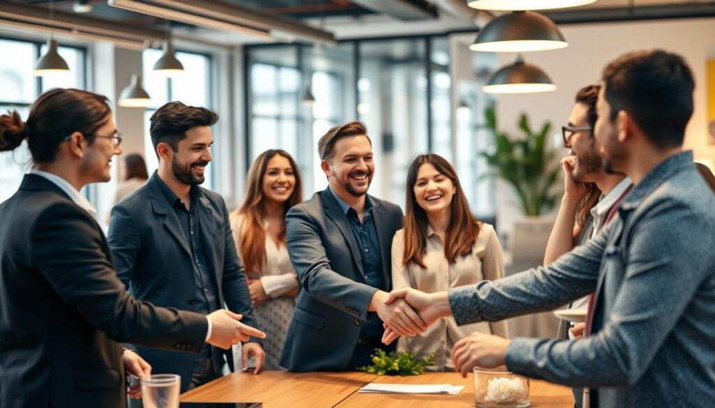 community partnerships showing a group of diverse business people collaborating and shaking hands, with a modern office or coworking space in the background, warm and inviting lighting, shallow depth of field to focus on the foreground interaction, an atmosphere of cooperation and shared success