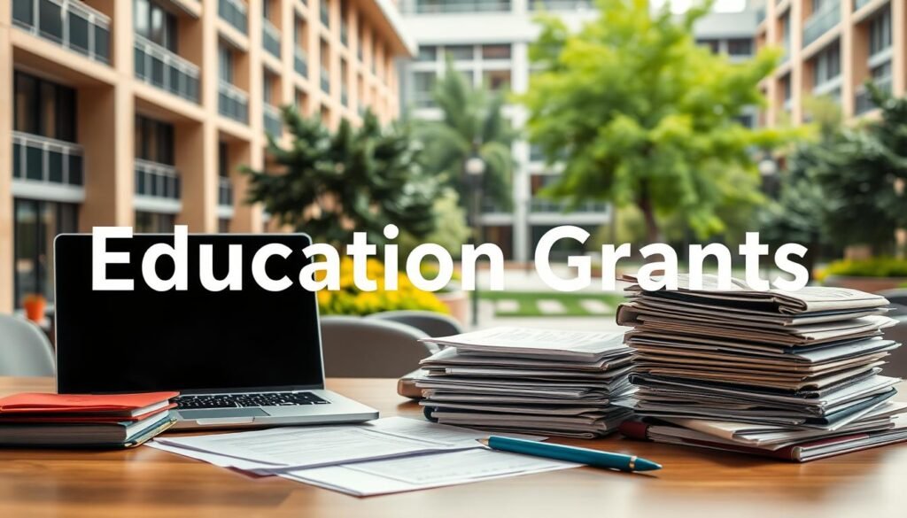 types of education grants, consisting of a variety of financial aid options including scholarships, fellowships, bursaries, and other funding programs for students pursuing higher education. The scene depicts a study desk with various documents, folders, and a laptop, set against a backdrop of a university campus with modern architecture and lush greenery. The lighting is soft and natural, creating a warm and inviting atmosphere. The composition emphasizes the diversity and availability of educational grant opportunities, conveying a sense of opportunity and support for students.