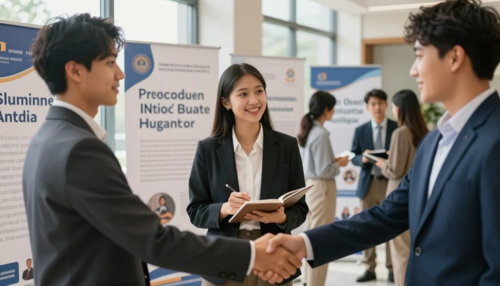 A diverse group of students, both male and female, dressed in professional business attire, engaged in a lively networking event in a well-lit university hall. In the foreground, two students shake hands with confident expressions, while another student in the middle is actively listening and taking notes. Behind them, a series of banners showcasing various professional organizations create an atmosphere of opportunity. Soft, natural light filters in from large windows, creating a warm and inviting ambiance. The background features small groups of students engaged in discussions, promoting an interactive feel. The overall mood is optimistic and collaborative, emphasizing the importance of overcoming networking challenges in both college and online environments. A diverse group of students, both male and female, dressed in professional business attire, engaged in a lively networking event in a well-lit university hall. In the foreground, two students shake hands with confident expressions, while another student in the middle is actively listening and taking notes. Behind them, a series of banners showcasing various professional organizations create an atmosphere of opportunity. Soft, natural light filters in from large windows, creating a warm and inviting ambiance. The background features small groups of students engaged in discussions, promoting an interactive feel. The overall mood is optimistic and collaborative, emphasizing the importance of overcoming networking challenges in both college and online environments.