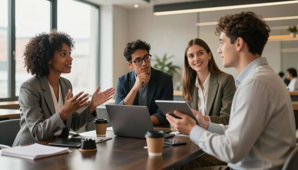 A diverse group of three professionals engaged in a dynamic discussion at a sleek, modern office space, surrounded by elegant decor. In the foreground, a confident Black woman in a tailored blazer gestures expressively, while a thoughtful Hispanic man in glasses listens attentively. A Caucasian woman, smiling and in smart casual attire, holds a tablet, ready to share insights. In the middle ground, an open laptop and coffee cups sit on a stylish table, symbolizing collaboration. The background features large windows allowing warm, natural light to flood the room, creating an inviting atmosphere. The scene captures the essence of networking and professional relationships, reflecting collaboration and mutual respect. The camera angle is slightly tilted to emphasize depth, creating a sense of engagement and connectivity among the individuals. A diverse group of three professionals engaged in a dynamic discussion at a sleek, modern office space, surrounded by elegant decor. In the foreground, a confident Black woman in a tailored blazer gestures expressively, while a thoughtful Hispanic man in glasses listens attentively. A Caucasian woman, smiling and in smart casual attire, holds a tablet, ready to share insights. In the middle ground, an open laptop and coffee cups sit on a stylish table, symbolizing collaboration. The background features large windows allowing warm, natural light to flood the room, creating an inviting atmosphere. The scene captures the essence of networking and professional relationships, reflecting collaboration and mutual respect. The camera angle is slightly tilted to emphasize depth, creating a sense of engagement and connectivity among the individuals.