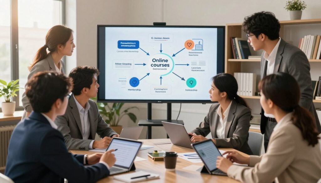 A dynamic workspace scene showcasing individuals in professional business attire engaged in various innovative learning activities. In the foreground, a diverse group of professionals collaborates around a table, examining digital tablets and brainstorming ideas. In the middle, a large transparent screen displaying mind maps and skill development paths dominates the room, highlighting concepts like online courses and mentorship. In the background, shelves with books and resources about career advancement add depth. The soft, warm lighting creates an inviting atmosphere, with sunlight filtering through large windows, emphasizing a sense of growth and opportunity. The angle captures the energy of collaboration and the excitement of acquiring new skills, inspiring viewers to consider their own career development paths. A dynamic workspace scene showcasing individuals in professional business attire engaged in various innovative learning activities. In the foreground, a diverse group of professionals collaborates around a table, examining digital tablets and brainstorming ideas. In the middle, a large transparent screen displaying mind maps and skill development paths dominates the room, highlighting concepts like online courses and mentorship. In the background, shelves with books and resources about career advancement add depth. The soft, warm lighting creates an inviting atmosphere, with sunlight filtering through large windows, emphasizing a sense of growth and opportunity. The angle captures the energy of collaboration and the excitement of acquiring new skills, inspiring viewers to consider their own career development paths.