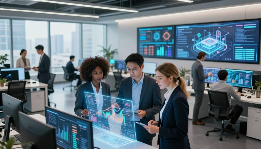 A futuristic office environment bustling with professionals in business attire collaborating around digital screens displaying graphs and data analytics. In the foreground, a diverse group of three professionals, a Black woman, an Asian man, and a Caucasian woman, intently discussing a holographic display of industry trends and innovative technologies. The middle ground features sleek office furniture, large windows with city views, and interactive digital boards showcasing the latest tech advancements. In the background, large LED displays feature dynamic infographics and 3D models of technological devices. Bright, ambient lighting creates a productive and inspiring atmosphere, while a slight lens flare adds a modern touch, set at a wide angle to capture the energy of the environment. A futuristic office environment bustling with professionals in business attire collaborating around digital screens displaying graphs and data analytics. In the foreground, a diverse group of three professionals, a Black woman, an Asian man, and a Caucasian woman, intently discussing a holographic display of industry trends and innovative technologies. The middle ground features sleek office furniture, large windows with city views, and interactive digital boards showcasing the latest tech advancements. In the background, large LED displays feature dynamic infographics and 3D models of technological devices. Bright, ambient lighting creates a productive and inspiring atmosphere, while a slight lens flare adds a modern touch, set at a wide angle to capture the energy of the environment.