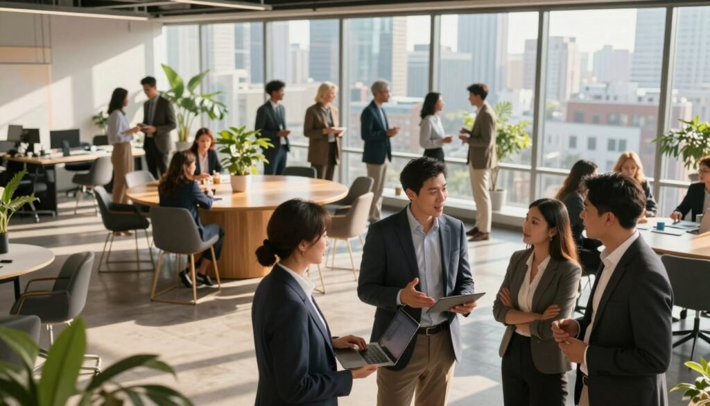 A modern office environment bustling with activity, showcasing diverse professionals engaging in networking. In the foreground, a group of four individuals (two men and two women) dressed in smart business attire, exchanging ideas enthusiastically over a laptop. The middle layer features a vibrant round table where others are collaborating, surrounded by plant decor and contemporary furnishings, suggesting a tech-savvy ambiance. The background includes a panoramic view of a city skyline through large windows, illuminated by warm afternoon sunlight, casting soft shadows across the scene. The mood is energetic and innovative, capturing the essence of advanced networking strategies in today's professional landscape, with a focus on interaction and collaboration. A modern office environment bustling with activity, showcasing diverse professionals engaging in networking. In the foreground, a group of four individuals (two men and two women) dressed in smart business attire, exchanging ideas enthusiastically over a laptop. The middle layer features a vibrant round table where others are collaborating, surrounded by plant decor and contemporary furnishings, suggesting a tech-savvy ambiance. The background includes a panoramic view of a city skyline through large windows, illuminated by warm afternoon sunlight, casting soft shadows across the scene. The mood is energetic and innovative, capturing the essence of advanced networking strategies in today's professional landscape, with a focus on interaction and collaboration.