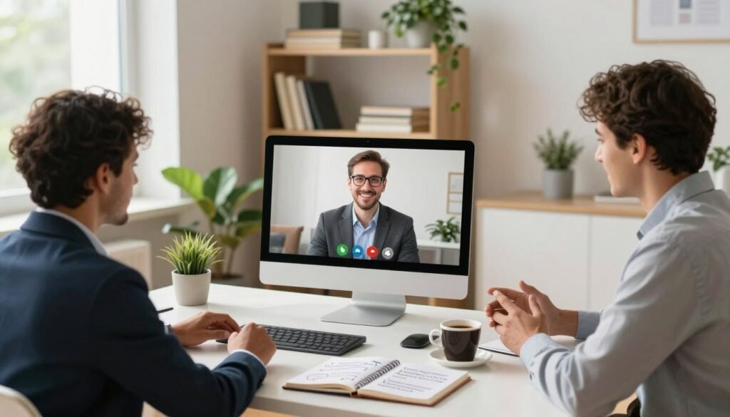 A modern, sleek virtual networking scene unfolds in a bright, airy home office. In the foreground, a diverse group of three professionals is engaged in a video call, each dressed in smart business attire. Their screens display friendly expressions, highlighting effective communication and collaboration. The middle ground features a stylish desk with a laptop, a notebook with strategic networking tips, and a fresh cup of coffee. The background shows a well-organized shelf filled with books and plants, creating a warm and inviting atmosphere. Soft, natural light streams through a window to the left, casting gentle shadows that enhance the cozy vibe. The overall mood is focused yet approachable, capturing the essence of professional networking in a virtual space. A modern, sleek virtual networking scene unfolds in a bright, airy home office. In the foreground, a diverse group of three professionals is engaged in a video call, each dressed in smart business attire. Their screens display friendly expressions, highlighting effective communication and collaboration. The middle ground features a stylish desk with a laptop, a notebook with strategic networking tips, and a fresh cup of coffee. The background shows a well-organized shelf filled with books and plants, creating a warm and inviting atmosphere. Soft, natural light streams through a window to the left, casting gentle shadows that enhance the cozy vibe. The overall mood is focused yet approachable, capturing the essence of professional networking in a virtual space.