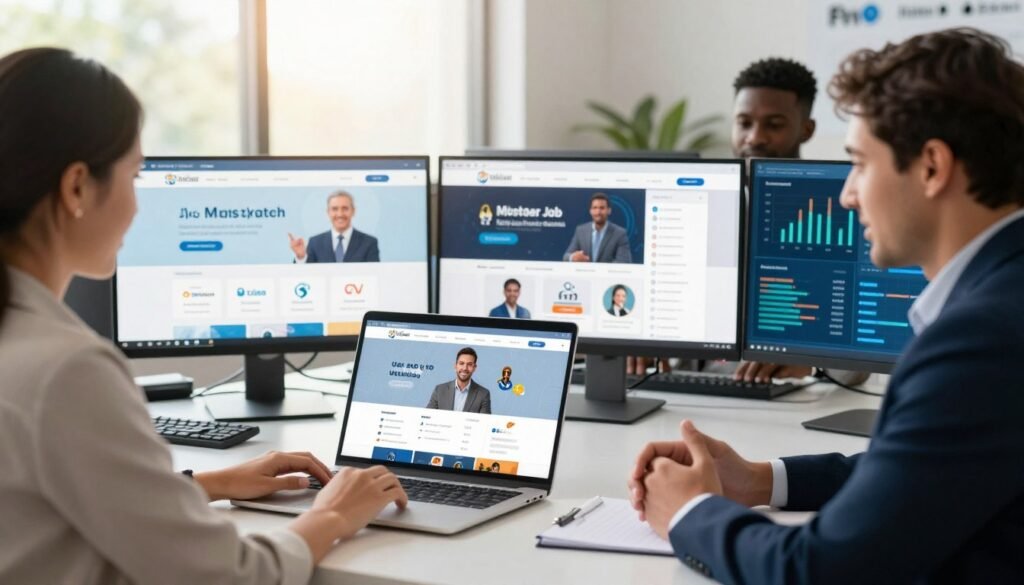A modern workspace showcasing digital career platforms, featuring a sleek laptop open to a user-friendly job search website. In the foreground, a diverse group of three professionals—one woman of Asian descent, one Black man, and one Hispanic woman—are engaged in a virtual meeting, all dressed in smart business attire. The middle ground highlights colorful digital screens displaying various job platform logos and data analytics charts, emphasizing connectivity and collaboration. In the background, a bright, well-lit office environment with large windows lets in natural sunlight, creating an inviting and focused atmosphere. The overall mood is upbeat and inspiring, reflecting the dynamic nature of the digital job search landscape. Use soft, warm lighting to enhance a sense of optimism and professionalism. A modern workspace showcasing digital career platforms, featuring a sleek laptop open to a user-friendly job search website. In the foreground, a diverse group of three professionals—one woman of Asian descent, one Black man, and one Hispanic woman—are engaged in a virtual meeting, all dressed in smart business attire. The middle ground highlights colorful digital screens displaying various job platform logos and data analytics charts, emphasizing connectivity and collaboration. In the background, a bright, well-lit office environment with large windows lets in natural sunlight, creating an inviting and focused atmosphere. The overall mood is upbeat and inspiring, reflecting the dynamic nature of the digital job search landscape. Use soft, warm lighting to enhance a sense of optimism and professionalism.