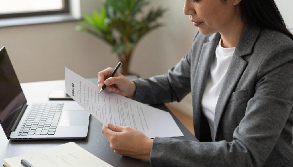 A professional business setting featuring a mid-30s individual, dressed in smart casual attire, sitting at a sleek desk, thoughtfully reviewing a resume. They have a focused expression, conveying a sense of confidence and clarity. Surrounding them are soft-focus elements like a laptop, a notepad with strategic notes, and a plant in the background, creating a warm and inviting atmosphere. The lighting is soft and natural, coming from a window that casts gentle shadows, enhancing the professional vibe of the scene. The angle is slightly above eye level, providing a clear view of the individual’s expression and the workspace, suggesting an engaging discussion about career breaks during an interview. The overall mood is proactive and optimistic, emphasizing effective communication. A professional business setting featuring a mid-30s individual, dressed in smart casual attire, sitting at a sleek desk, thoughtfully reviewing a resume. They have a focused expression, conveying a sense of confidence and clarity. Surrounding them are soft-focus elements like a laptop, a notepad with strategic notes, and a plant in the background, creating a warm and inviting atmosphere. The lighting is soft and natural, coming from a window that casts gentle shadows, enhancing the professional vibe of the scene. The angle is slightly above eye level, providing a clear view of the individual’s expression and the workspace, suggesting an engaging discussion about career breaks during an interview. The overall mood is proactive and optimistic, emphasizing effective communication.