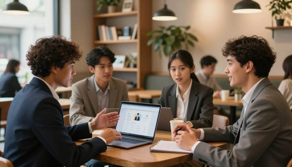 A professional networking scene set in a modern, well-lit coffee shop. In the foreground, two diverse individuals in professional business attire engage in a lively conversation, exchanging ideas and smiles. One participant gestures towards a laptop displaying a digital networking platform. In the middle, a small group of professionals discusses strategies around a table, their expressions focused and collaborative. The background features stylish décor with bookshelves and plants, creating a warm and inviting atmosphere. Soft, natural lighting filters through large windows, casting a gentle glow and enhancing the mood of connection and opportunity. The camera angle is slightly elevated, allowing a dynamic view of the interactions, while maintaining a sense of intimacy in the networking experience. A professional networking scene set in a modern, well-lit coffee shop. In the foreground, two diverse individuals in professional business attire engage in a lively conversation, exchanging ideas and smiles. One participant gestures towards a laptop displaying a digital networking platform. In the middle, a small group of professionals discusses strategies around a table, their expressions focused and collaborative. The background features stylish décor with bookshelves and plants, creating a warm and inviting atmosphere. Soft, natural lighting filters through large windows, casting a gentle glow and enhancing the mood of connection and opportunity. The camera angle is slightly elevated, allowing a dynamic view of the interactions, while maintaining a sense of intimacy in the networking experience.