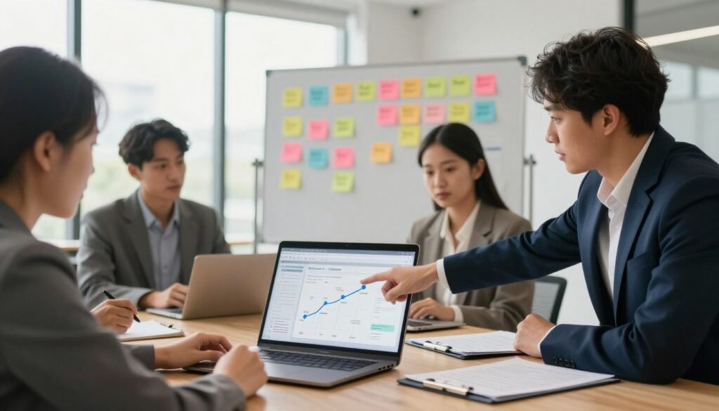 A professional workspace featuring a diverse group of individuals engaged in goal-setting activities. In the foreground, a round conference table with a laptop open to a digital roadmap filled with milestones. One person, dressed in smart business attire, points to the roadmap, illustrating a clear plan for career advancement. In the middle ground, a whiteboard displays colorful sticky notes with career goals and actionable steps. The background showcases large windows with natural light pouring in, creating an inviting atmosphere. The mood is collaborative and focused, emphasizing clarity and ambition. The scene is viewed at a slight angle to capture the dynamic interaction among the team. Soft, warm lighting enhances the professional environment, inspiring a sense of motivation and purpose. A professional workspace featuring a diverse group of individuals engaged in goal-setting activities. In the foreground, a round conference table with a laptop open to a digital roadmap filled with milestones. One person, dressed in smart business attire, points to the roadmap, illustrating a clear plan for career advancement. In the middle ground, a whiteboard displays colorful sticky notes with career goals and actionable steps. The background showcases large windows with natural light pouring in, creating an inviting atmosphere. The mood is collaborative and focused, emphasizing clarity and ambition. The scene is viewed at a slight angle to capture the dynamic interaction among the team. Soft, warm lighting enhances the professional environment, inspiring a sense of motivation and purpose.