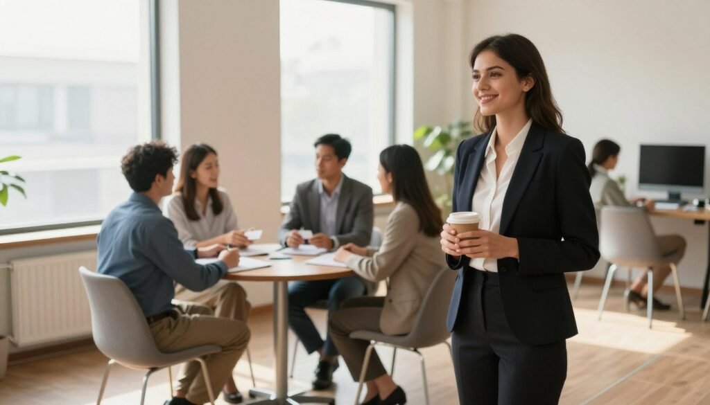 A serene and inviting office setting, featuring a diverse group of professionals engaging in meaningful conversations. In the foreground, a young woman in a smart business outfit stands with an approachable demeanor, offering a warm smile as she holds a cup of coffee, symbolizing openness. In the middle ground, a small round table with a few people sitting, sharing ideas and exchanging business cards. The background shows large windows with natural light flooding the space, creating a warm, inspiring atmosphere. Soft shadows accentuate the scene, enhancing a sense of calm focus. The overall mood is encouraging and friendly, reflecting the essence of effective networking approaches for introverts. Use a wide-angle lens to capture the spaciousness of the room and the interactions within it, ensuring a balanced composition that showcases connection and engagement. A serene and inviting office setting, featuring a diverse group of professionals engaging in meaningful conversations. In the foreground, a young woman in a smart business outfit stands with an approachable demeanor, offering a warm smile as she holds a cup of coffee, symbolizing openness. In the middle ground, a small round table with a few people sitting, sharing ideas and exchanging business cards. The background shows large windows with natural light flooding the space, creating a warm, inspiring atmosphere. Soft shadows accentuate the scene, enhancing a sense of calm focus. The overall mood is encouraging and friendly, reflecting the essence of effective networking approaches for introverts. Use a wide-angle lens to capture the spaciousness of the room and the interactions within it, ensuring a balanced composition that showcases connection and engagement.