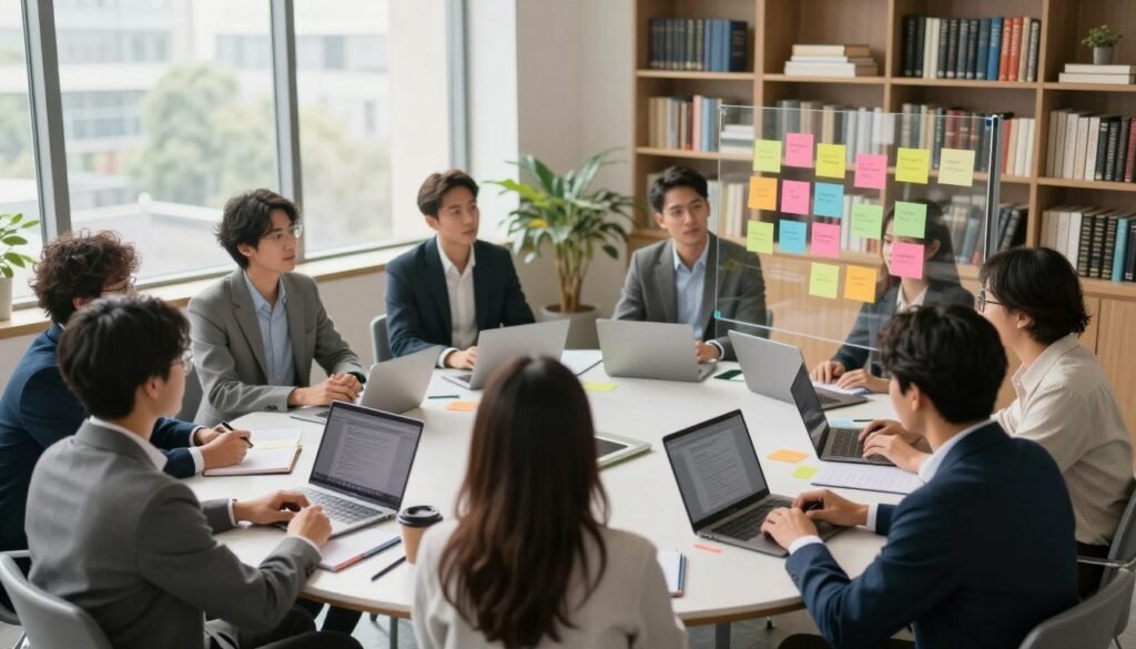A serene office setting with soft, natural light filtering through large windows. In the foreground, a diverse group of professionals, dressed in sharp business attire, are actively engaged in a brainstorming session. They are surrounded by colorful sticky notes on a glass board representing strengths and skills. In the middle ground, a round table cluttered with laptops, notebooks, and coffee cups suggests collaboration and creativity. In the background, bookshelves filled with leadership and personal development books add an educational touch. The mood is inspiring and motivational, evoking a sense of discovery and empowerment. The camera angle is slightly elevated, providing a clear view of the interaction and the vibrant environment, emphasizing the theme of identifying unique strengths and value propositions. A serene office setting with soft, natural light filtering through large windows. In the foreground, a diverse group of professionals, dressed in sharp business attire, are actively engaged in a brainstorming session. They are surrounded by colorful sticky notes on a glass board representing strengths and skills. In the middle ground, a round table cluttered with laptops, notebooks, and coffee cups suggests collaboration and creativity. In the background, bookshelves filled with leadership and personal development books add an educational touch. The mood is inspiring and motivational, evoking a sense of discovery and empowerment. The camera angle is slightly elevated, providing a clear view of the interaction and the vibrant environment, emphasizing the theme of identifying unique strengths and value propositions.