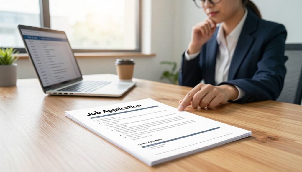 A sleek, well-organized workspace is at the forefront, showcasing a beautifully crafted, attention-grabbing job application on a polished wooden desk. The application features a professional layout with bullet points and sections clearly defined, emphasizing strong qualifications. In the middle ground, a confident young professional dressed in smart business attire examines the application with a thoughtful expression, accompanied by a laptop displaying job listings and a coffee cup. The background is softly blurred, revealing a bright and modern office environment with natural sunlight streaming through large windows, creating a warm and inviting atmosphere. The overall mood is one of focus and determination, with an uplifting sense of purpose, captured from a slightly elevated angle to enhance depth and interest. A sleek, well-organized workspace is at the forefront, showcasing a beautifully crafted, attention-grabbing job application on a polished wooden desk. The application features a professional layout with bullet points and sections clearly defined, emphasizing strong qualifications. In the middle ground, a confident young professional dressed in smart business attire examines the application with a thoughtful expression, accompanied by a laptop displaying job listings and a coffee cup. The background is softly blurred, revealing a bright and modern office environment with natural sunlight streaming through large windows, creating a warm and inviting atmosphere. The overall mood is one of focus and determination, with an uplifting sense of purpose, captured from a slightly elevated angle to enhance depth and interest.