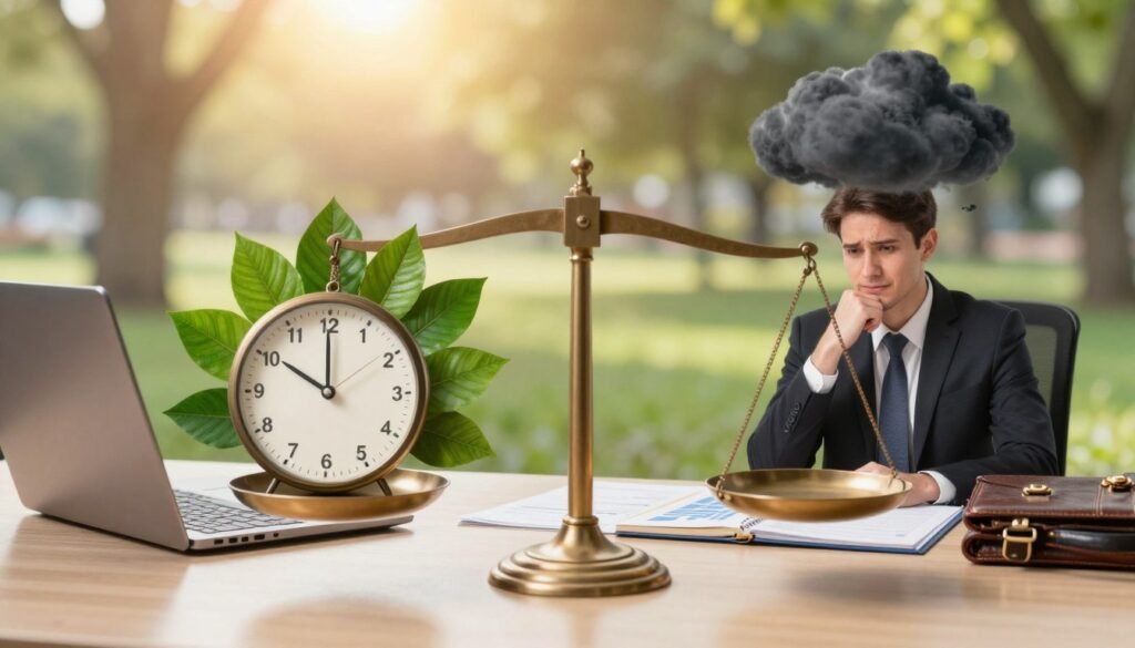 A thoughtful composition showcasing the pros and cons of taking a career break. In the foreground, a balanced scale sits between a clock symbolizing time and a briefcase representing career. On one side of the scale, vibrant green leaves and a smiling person in professional attire enjoying a moment of leisure. On the other side, dark clouds with a concerned figure in business attire contemplating the uncertainty of job security. In the middle ground, an office desk with an open laptop and notepad, full of organized notes. In the background, a serene park scene with sunlight filtering through trees, creating a hopeful atmosphere. Soft, diffused lighting highlights the scale, while a warm color palette conveys a sense of reflection and decision-making. A thoughtful composition showcasing the pros and cons of taking a career break. In the foreground, a balanced scale sits between a clock symbolizing time and a briefcase representing career. On one side of the scale, vibrant green leaves and a smiling person in professional attire enjoying a moment of leisure. On the other side, dark clouds with a concerned figure in business attire contemplating the uncertainty of job security. In the middle ground, an office desk with an open laptop and notepad, full of organized notes. In the background, a serene park scene with sunlight filtering through trees, creating a hopeful atmosphere. Soft, diffused lighting highlights the scale, while a warm color palette conveys a sense of reflection and decision-making.