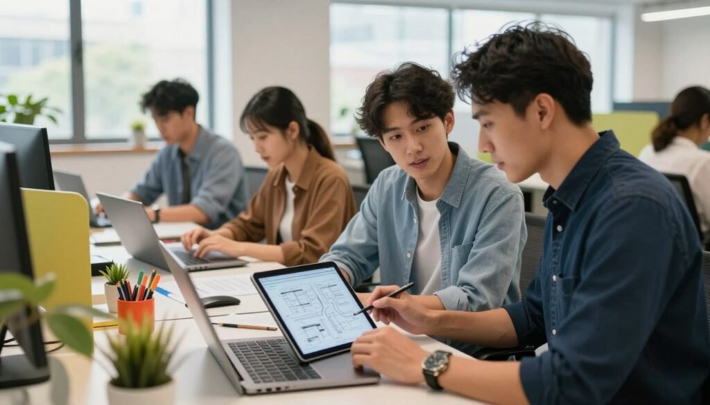 A vibrant and dynamic scene showcasing modern apprentices at work in diverse entry-level roles. In the foreground, a young professional in smart casual attire is engaged in a collaborative discussion with a mentor, both focused on a digital tablet displaying project plans. In the middle ground, other apprentices are seen working at their desks, surrounded by laptops and colorful office decor, illustrating innovation and teamwork. The background features a bright, open office space with large windows allowing natural light to flood in, creating an energetic and motivating atmosphere. The scene is captured from a slightly elevated angle, enhancing the sense of community and engagement. Soft, warm lighting emphasizes a friendly and inviting environment, reflecting the enriching experience of modern apprenticeships. A vibrant and dynamic scene showcasing modern apprentices at work in diverse entry-level roles. In the foreground, a young professional in smart casual attire is engaged in a collaborative discussion with a mentor, both focused on a digital tablet displaying project plans. In the middle ground, other apprentices are seen working at their desks, surrounded by laptops and colorful office decor, illustrating innovation and teamwork. The background features a bright, open office space with large windows allowing natural light to flood in, creating an energetic and motivating atmosphere. The scene is captured from a slightly elevated angle, enhancing the sense of community and engagement. Soft, warm lighting emphasizes a friendly and inviting environment, reflecting the enriching experience of modern apprenticeships.