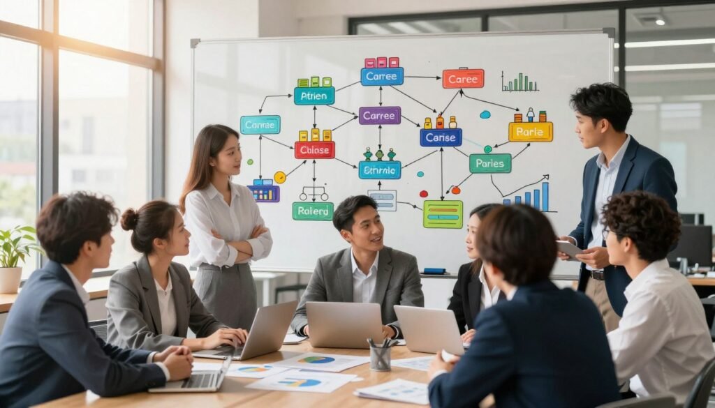 A vibrant and insightful illustration of personalized career paths, featuring a diverse group of young professionals in a collaborative office setting. In the foreground, a mixed-gender team, dressed in professional business attire, is engaged in discussion, surrounded by charts and graphs that symbolize career growth and networking opportunities. The middle ground showcases a large, transparent whiteboard filled with colorful diagrams of career ladders and connections, representing various industries and skill sets. In the background, large windows let in warm, natural light, enhancing the atmosphere of inspiration and innovation. The overall mood is dynamic and encouraging, reflecting the excitement of building individual career journeys. Ensure the scene conveys professionalism and teamwork, without any text or additional graphics. A vibrant and insightful illustration of personalized career paths, featuring a diverse group of young professionals in a collaborative office setting. In the foreground, a mixed-gender team, dressed in professional business attire, is engaged in discussion, surrounded by charts and graphs that symbolize career growth and networking opportunities. The middle ground showcases a large, transparent whiteboard filled with colorful diagrams of career ladders and connections, representing various industries and skill sets. In the background, large windows let in warm, natural light, enhancing the atmosphere of inspiration and innovation. The overall mood is dynamic and encouraging, reflecting the excitement of building individual career journeys. Ensure the scene conveys professionalism and teamwork, without any text or additional graphics.