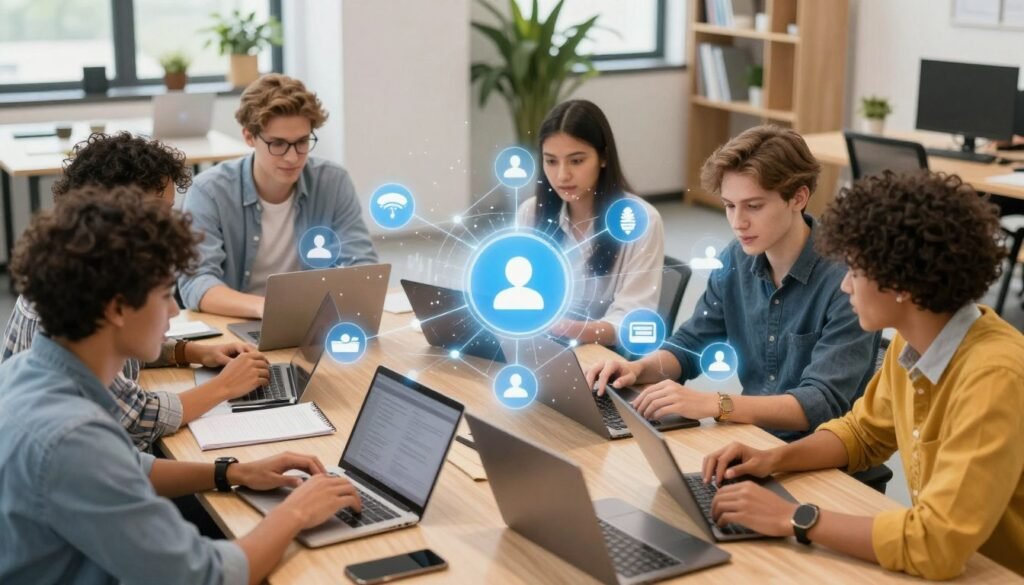 A vibrant, modern workspace filled with enthusiastic students engaged in digital networking strategies. In the foreground, a diverse group of young adults, dressed in smart casual attire, are using laptops and tablets, showcasing collaborative discussions. In the middle, a digital overlay of social media icons and networking graphs radiate around them, symbolizing online connections. The background features a stylish office with bright lighting, contemporary furniture, and plants adding a fresh touch. The atmosphere is dynamic and aspirational, reflecting innovation and synergy in networking. The lens captures a slightly elevated angle to encompass both the students and the digital elements, highlighting the integration of technology in professional growth. A vibrant, modern workspace filled with enthusiastic students engaged in digital networking strategies. In the foreground, a diverse group of young adults, dressed in smart casual attire, are using laptops and tablets, showcasing collaborative discussions. In the middle, a digital overlay of social media icons and networking graphs radiate around them, symbolizing online connections. The background features a stylish office with bright lighting, contemporary furniture, and plants adding a fresh touch. The atmosphere is dynamic and aspirational, reflecting innovation and synergy in networking. The lens captures a slightly elevated angle to encompass both the students and the digital elements, highlighting the integration of technology in professional growth.