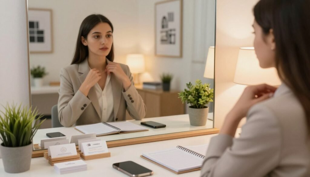 A well-organized workspace prepares for a networking event, featuring a young professional woman in smart casual attire, adjusting her blazer in front of a mirror. In the foreground, a neatly arranged table displays business cards, a smartphone, and a planner. The middle ground showcases her reflection in the mirror, capturing her focus and determination. The background features warm, inviting lighting, with potted plants and motivational art on the walls, creating a calming atmosphere. The scene is captured from a slightly elevated angle, with soft focus on the background, emphasizing the subject's preparation and inner confidence. A sense of anticipation fills the air, highlighting the importance of making connections. A well-organized workspace prepares for a networking event, featuring a young professional woman in smart casual attire, adjusting her blazer in front of a mirror. In the foreground, a neatly arranged table displays business cards, a smartphone, and a planner. The middle ground showcases her reflection in the mirror, capturing her focus and determination. The background features warm, inviting lighting, with potted plants and motivational art on the walls, creating a calming atmosphere. The scene is captured from a slightly elevated angle, with soft focus on the background, emphasizing the subject's preparation and inner confidence. A sense of anticipation fills the air, highlighting the importance of making connections.
