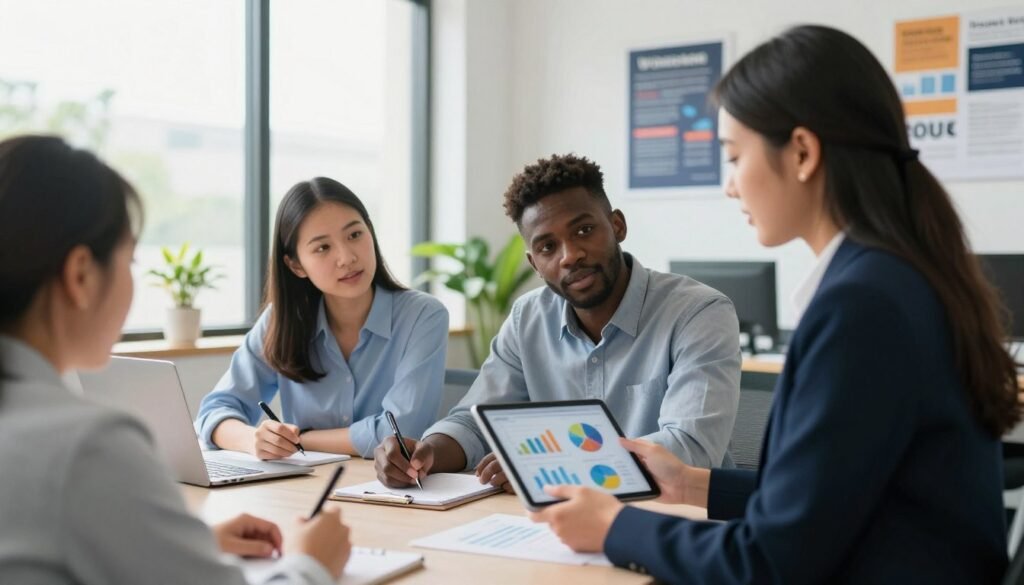 A bright, modern office environment featuring a diverse group of professionals engaged in a collaborative discussion around a large table. In the foreground, a woman in a smart blazer is presenting data on a tablet, displaying colorful graphs and charts. In the middle, two colleagues, one Asian and one Black, are attentively listening while taking notes, creating a sense of active participation. The background showcases a large window with natural light streaming in, plants for a touch of greenery, and motivational posters on the walls, emphasizing a positive workplace atmosphere. The mood is collaborative and engaging, with a focus on teamwork and workplace success. The image should be well-lit, with a shallow depth of field to highlight the subjects, conveying a professional yet inviting environment. A bright, modern office environment featuring a diverse group of professionals engaged in a collaborative discussion around a large table. In the foreground, a woman in a smart blazer is presenting data on a tablet, displaying colorful graphs and charts. In the middle, two colleagues, one Asian and one Black, are attentively listening while taking notes, creating a sense of active participation. The background showcases a large window with natural light streaming in, plants for a touch of greenery, and motivational posters on the walls, emphasizing a positive workplace atmosphere. The mood is collaborative and engaging, with a focus on teamwork and workplace success. The image should be well-lit, with a shallow depth of field to highlight the subjects, conveying a professional yet inviting environment.