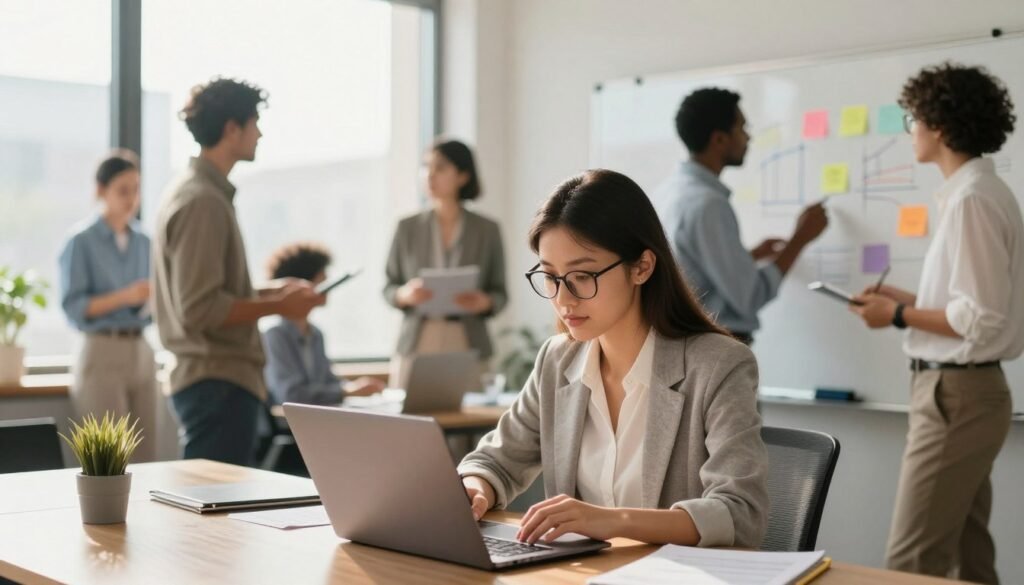 A bright, modern office setting featuring a diverse group of professionals engaged in a collaborative workshop. In the foreground, a young woman with glasses, dressed in business casual attire, is focused on her laptop, taking notes as she absorbs new information. The middle ground showcases colleagues brainstorming around a whiteboard filled with colorful diagrams and sticky notes, embodying teamwork and creativity. In the background, large windows let in warm, natural light, creating an inviting atmosphere. Soft shadows emphasize the lively interaction among the team members. The scene captures a mood of determination and growth, symbolizing the journey of developing new skills and expertise during a career transition. A bright, modern office setting featuring a diverse group of professionals engaged in a collaborative workshop. In the foreground, a young woman with glasses, dressed in business casual attire, is focused on her laptop, taking notes as she absorbs new information. The middle ground showcases colleagues brainstorming around a whiteboard filled with colorful diagrams and sticky notes, embodying teamwork and creativity. In the background, large windows let in warm, natural light, creating an inviting atmosphere. Soft shadows emphasize the lively interaction among the team members. The scene captures a mood of determination and growth, symbolizing the journey of developing new skills and expertise during a career transition.
