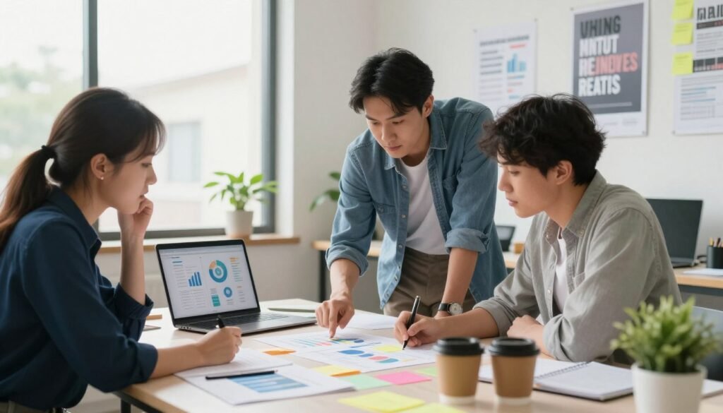 A bright, modern workspace showcasing a diverse group of three professionals—two women and one man—huddled around a table covered with charts, colorful sticky notes, and a laptop, actively brainstorming their skill enhancement plan. In the foreground, the table's surface is cluttered yet organized, with coffee cups and a plant for a touch of life. In the middle, the professionals are engaged and focused, dressed in smart casual attire, one woman pointing at a chart while the others jot down ideas. The background features a large window letting in natural light, illuminating motivational posters on the walls. The atmosphere is collaborative and inspiring, emphasizing teamwork and growth. Use soft lighting to create a warm, energetic feel, with a slight depth of field focusing on the group while softly blurring the background. A bright, modern workspace showcasing a diverse group of three professionals—two women and one man—huddled around a table covered with charts, colorful sticky notes, and a laptop, actively brainstorming their skill enhancement plan. In the foreground, the table's surface is cluttered yet organized, with coffee cups and a plant for a touch of life. In the middle, the professionals are engaged and focused, dressed in smart casual attire, one woman pointing at a chart while the others jot down ideas. The background features a large window letting in natural light, illuminating motivational posters on the walls. The atmosphere is collaborative and inspiring, emphasizing teamwork and growth. Use soft lighting to create a warm, energetic feel, with a slight depth of field focusing on the group while softly blurring the background.