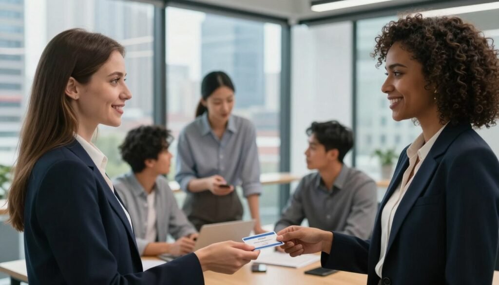A diverse group of professional individuals engaged in dynamic networking within a modern office setting. In the foreground, two women, one Caucasian and one Black, are exchanging business cards, both dressed in smart business attire, exuding confidence and approachability. In the middle ground, a group of three men, including one Hispanic and one Asian, are animatedly discussing ideas over a table, displaying enthusiasm and collaboration. The background features sleek glass walls revealing a vibrant city skyline, with soft natural light filtering through, creating an inviting atmosphere. A shallow depth of field focuses on the networking activity while the soft glow highlights the expressions of connection and opportunity. The overall mood is energetic and optimistic, embodying the spirit of professional growth and community. A diverse group of professional individuals engaged in dynamic networking within a modern office setting. In the foreground, two women, one Caucasian and one Black, are exchanging business cards, both dressed in smart business attire, exuding confidence and approachability. In the middle ground, a group of three men, including one Hispanic and one Asian, are animatedly discussing ideas over a table, displaying enthusiasm and collaboration. The background features sleek glass walls revealing a vibrant city skyline, with soft natural light filtering through, creating an inviting atmosphere. A shallow depth of field focuses on the networking activity while the soft glow highlights the expressions of connection and opportunity. The overall mood is energetic and optimistic, embodying the spirit of professional growth and community.