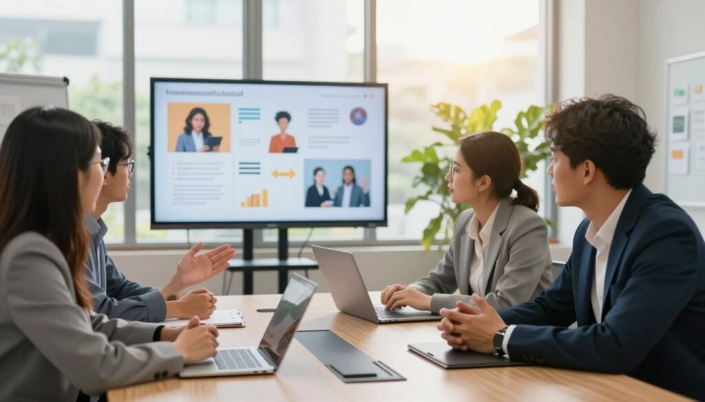 A diverse group of professionals engaged in a collaborative discussion around a modern conference table symbolizes overcoming communication barriers. In the foreground, a woman in a smart blazer gestures animatedly, facilitating interaction, while a man in business casual attire leans in, attentively listening, showcasing active engagement. The middle ground features an interactive digital screen displaying diverse visuals representing various communication styles. In the background, large windows bathe the space in warm, natural light, enhancing the positive and open atmosphere. The room is filled with plants, adding a touch of life. The image is shot from a slight angle to capture the dynamics of the group and the balance of the scene, evoking a sense of teamwork and understanding in a professional setting. A diverse group of professionals engaged in a collaborative discussion around a modern conference table symbolizes overcoming communication barriers. In the foreground, a woman in a smart blazer gestures animatedly, facilitating interaction, while a man in business casual attire leans in, attentively listening, showcasing active engagement. The middle ground features an interactive digital screen displaying diverse visuals representing various communication styles. In the background, large windows bathe the space in warm, natural light, enhancing the positive and open atmosphere. The room is filled with plants, adding a touch of life. The image is shot from a slight angle to capture the dynamics of the group and the balance of the scene, evoking a sense of teamwork and understanding in a professional setting.