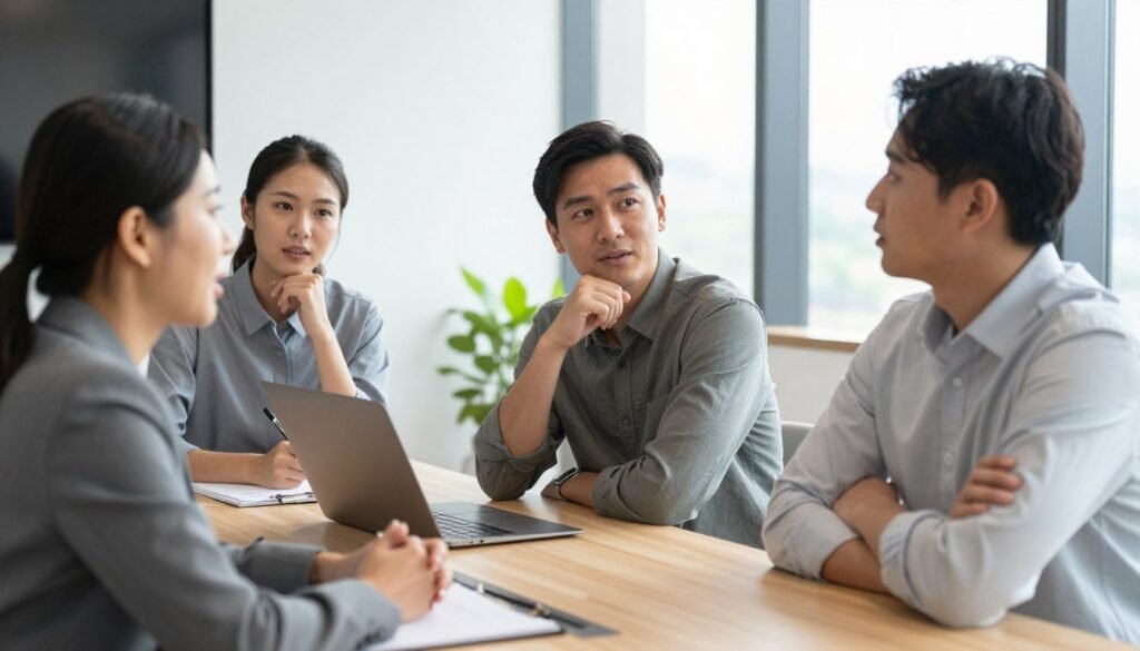 A diverse group of three professionals in a modern office setting actively engaged in a discussion, showcasing various communication styles. In the foreground, a confident woman in a smart blazer is speaking animatedly, illustrating assertive communication. In the middle, a thoughtful man in a casual shirt nods attentively, demonstrating active listening, while another colleague in a dress shirt leans back, adopting a more reflective style, with arms crossed. The background features a sleek conference table and large windows, allowing natural light to flood the space, creating a bright and inviting atmosphere. The colors are warm and professional, emphasizing teamwork and effective communication. The angle captures the dynamics of the exchange, reflecting the positive impact of diverse communication styles at work. A diverse group of three professionals in a modern office setting actively engaged in a discussion, showcasing various communication styles. In the foreground, a confident woman in a smart blazer is speaking animatedly, illustrating assertive communication. In the middle, a thoughtful man in a casual shirt nods attentively, demonstrating active listening, while another colleague in a dress shirt leans back, adopting a more reflective style, with arms crossed. The background features a sleek conference table and large windows, allowing natural light to flood the space, creating a bright and inviting atmosphere. The colors are warm and professional, emphasizing teamwork and effective communication. The angle captures the dynamics of the exchange, reflecting the positive impact of diverse communication styles at work.