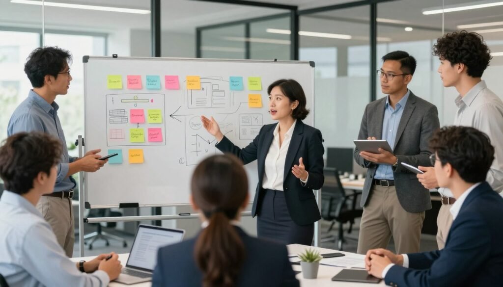 A dynamic office setting filled with diverse professionals actively engaging in a collaborative discussion. In the foreground, a confident woman in formal attire gestures enthusiastically, surrounded by colleagues who are listening attentively, each dressed in professional business attire. In the middle, a large whiteboard filled with colorful sticky notes and diagrams symbolizes brainstorming and brainstorming solutions to overcome work barriers. The background shows a modern office with glass walls, natural light streaming in, creating an open and inviting atmosphere. The lighting is bright and uplifting, enhancing a mood of inspiration and teamwork. Capture the scene from a slightly elevated angle to convey the group’s interaction effectively, focusing on the energy and collaboration present in the moment. A dynamic office setting filled with diverse professionals actively engaging in a collaborative discussion. In the foreground, a confident woman in formal attire gestures enthusiastically, surrounded by colleagues who are listening attentively, each dressed in professional business attire. In the middle, a large whiteboard filled with colorful sticky notes and diagrams symbolizes brainstorming and brainstorming solutions to overcome work barriers. The background shows a modern office with glass walls, natural light streaming in, creating an open and inviting atmosphere. The lighting is bright and uplifting, enhancing a mood of inspiration and teamwork. Capture the scene from a slightly elevated angle to convey the group’s interaction effectively, focusing on the energy and collaboration present in the moment.