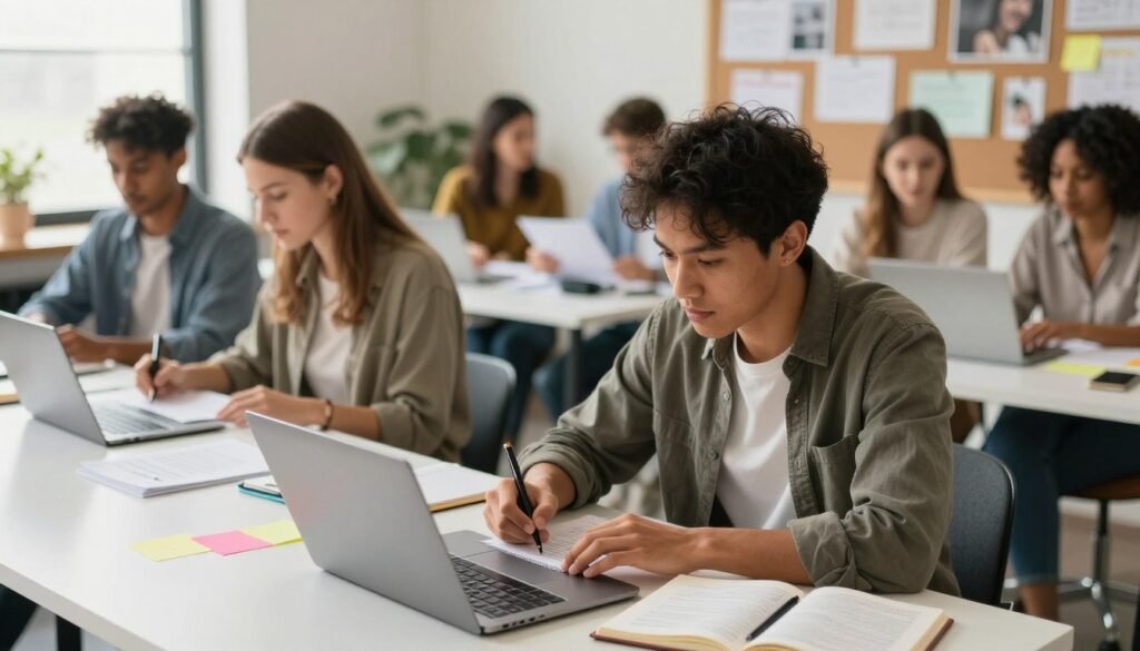 A lively workspace scene showcasing a diverse group of professionals, one person at the forefront, focused on crafting authentic content. They are sitting at a modern desk, surrounded by notebooks, a laptop open with notes, and colorful sticky notes. Soft natural light streams through a window, creating a warm atmosphere, while an inspiring bulletin board with ideas and images serves as the background. The individuals in the scene wear smart casual attire, representing various ethnicities. The composition captures an engaging moment of creativity, emphasizing collaboration and innovation in content creation. The camera angle is slightly above eye level, adding depth to the workspace. The overall mood is inspiring and productive, encouraging a sense of authenticity and impact in personal branding. A lively workspace scene showcasing a diverse group of professionals, one person at the forefront, focused on crafting authentic content. They are sitting at a modern desk, surrounded by notebooks, a laptop open with notes, and colorful sticky notes. Soft natural light streams through a window, creating a warm atmosphere, while an inspiring bulletin board with ideas and images serves as the background. The individuals in the scene wear smart casual attire, representing various ethnicities. The composition captures an engaging moment of creativity, emphasizing collaboration and innovation in content creation. The camera angle is slightly above eye level, adding depth to the workspace. The overall mood is inspiring and productive, encouraging a sense of authenticity and impact in personal branding.