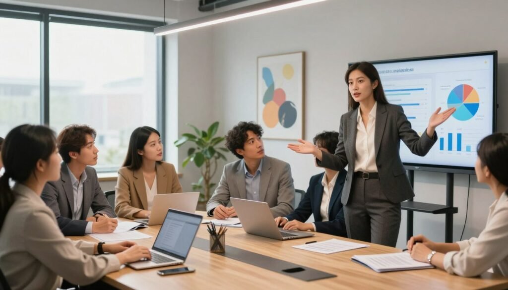 A modern corporate setting showcasing a diverse group of professionals engaged in a collaborative leadership strategy session. In the foreground, a confident businesswoman in a tailored suit gestures towards a digital display of key performance indicators aligning with business goals. In the middle, a mixed group of individuals, including men and women of various ethnicities, are seated around a large conference table, reviewing documents and brainstorming ideas. The background features a large window with natural light pouring in, illuminating the sleek office space adorned with motivational artwork. The atmosphere is dynamic and focused, conveying a sense of purpose and synergy. Capture this scene with a warm, inviting lighting setup, simulating a contemporary environment that inspires effective leadership development. A modern corporate setting showcasing a diverse group of professionals engaged in a collaborative leadership strategy session. In the foreground, a confident businesswoman in a tailored suit gestures towards a digital display of key performance indicators aligning with business goals. In the middle, a mixed group of individuals, including men and women of various ethnicities, are seated around a large conference table, reviewing documents and brainstorming ideas. The background features a large window with natural light pouring in, illuminating the sleek office space adorned with motivational artwork. The atmosphere is dynamic and focused, conveying a sense of purpose and synergy. Capture this scene with a warm, inviting lighting setup, simulating a contemporary environment that inspires effective leadership development.