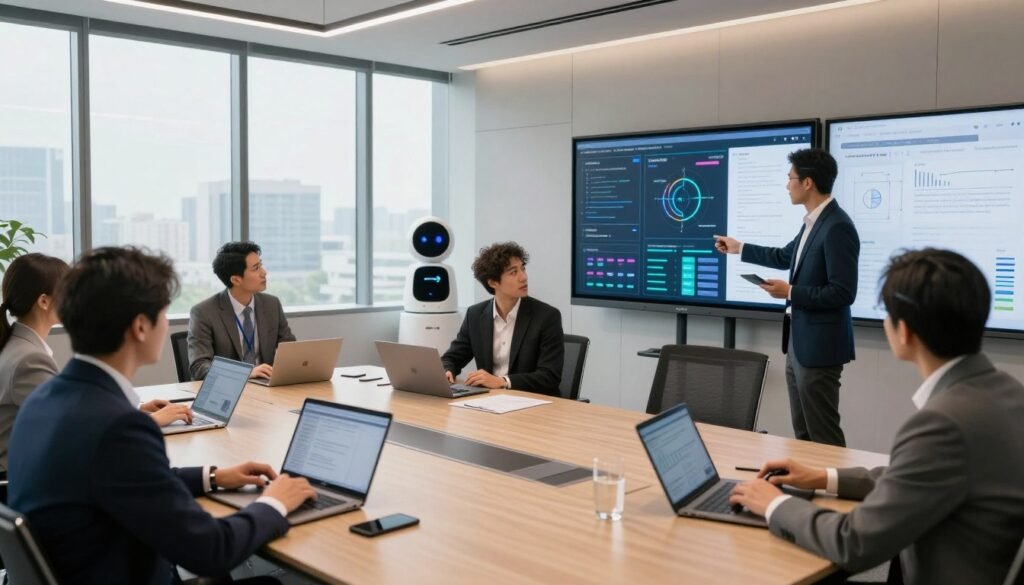 A modern leadership training session is taking place in a sleek, high-tech conference room. In the foreground, diverse professionals in business attire are engaged with tablets and laptops, exchanging ideas and collaborating on digital whiteboards. The middle ground features a large screen displaying interactive data visualizations and AI tools that assist in decision-making. In the background, floor-to-ceiling windows allow natural light to flood the room, illuminating the space and creating an atmosphere of innovation and teamwork. The lighting is bright but warm, enhancing the inviting and forward-thinking mood. A prominently displayed virtual assistant device responds to questions from attendees, further highlighting the role of technology in leadership development. The overall composition conveys empowerment, collaboration, and the integration of innovative tools in training future leaders. A modern leadership training session is taking place in a sleek, high-tech conference room. In the foreground, diverse professionals in business attire are engaged with tablets and laptops, exchanging ideas and collaborating on digital whiteboards. The middle ground features a large screen displaying interactive data visualizations and AI tools that assist in decision-making. In the background, floor-to-ceiling windows allow natural light to flood the room, illuminating the space and creating an atmosphere of innovation and teamwork. The lighting is bright but warm, enhancing the inviting and forward-thinking mood. A prominently displayed virtual assistant device responds to questions from attendees, further highlighting the role of technology in leadership development. The overall composition conveys empowerment, collaboration, and the integration of innovative tools in training future leaders.