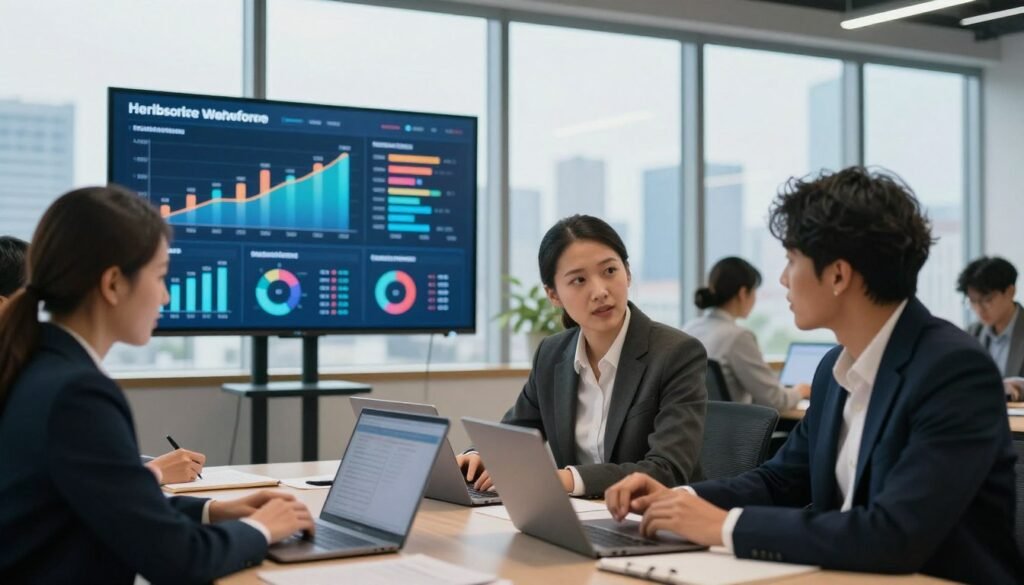 A modern office environment showcasing a diverse group of professionals engaged in continuous learning. In the foreground, a multi-ethnic group of three individuals in professional attire collaborates around a table with laptops and notebooks, sharing ideas and insights. The middle ground features a large digital screen displaying evolving workforce trends and data analytics. In the background, floor-to-ceiling windows allow natural light to flood the space, with a skyline view symbolizing the dynamic business landscape. The atmosphere is vibrant and focused, illustrating the importance of adaptability and lifelong learning in a rapidly changing workforce. Soft, warm lighting enhances the productive mood, while a slight depth of field effect draws focus to the foreground collaboration. A modern office environment showcasing a diverse group of professionals engaged in continuous learning. In the foreground, a multi-ethnic group of three individuals in professional attire collaborates around a table with laptops and notebooks, sharing ideas and insights. The middle ground features a large digital screen displaying evolving workforce trends and data analytics. In the background, floor-to-ceiling windows allow natural light to flood the space, with a skyline view symbolizing the dynamic business landscape. The atmosphere is vibrant and focused, illustrating the importance of adaptability and lifelong learning in a rapidly changing workforce. Soft, warm lighting enhances the productive mood, while a slight depth of field effect draws focus to the foreground collaboration.