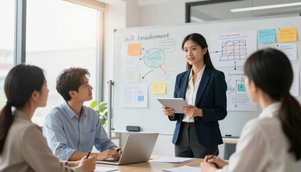 A modern office environment with a diverse group of professionals engaged in a collaborative brainstorming session. In the foreground, a confident woman in a smart blazer presents insights on a digital tablet, while her colleagues, a man in a neatly pressed shirt and a woman in a modest top, listen attentively. The middle ground features a large whiteboard filled with colorful diagrams and notes illustrating real-world case studies, emphasizing skill enhancement strategies. The background showcases large windows allowing natural light to flood the room, creating an uplifting atmosphere. A subtle lens flare adds warmth, suggesting innovation and creativity in skill development. The setting conveys motivation and inspiration for unlocking professional potential. A modern office environment with a diverse group of professionals engaged in a collaborative brainstorming session. In the foreground, a confident woman in a smart blazer presents insights on a digital tablet, while her colleagues, a man in a neatly pressed shirt and a woman in a modest top, listen attentively. The middle ground features a large whiteboard filled with colorful diagrams and notes illustrating real-world case studies, emphasizing skill enhancement strategies. The background showcases large windows allowing natural light to flood the room, creating an uplifting atmosphere. A subtle lens flare adds warmth, suggesting innovation and creativity in skill development. The setting conveys motivation and inspiration for unlocking professional potential.
