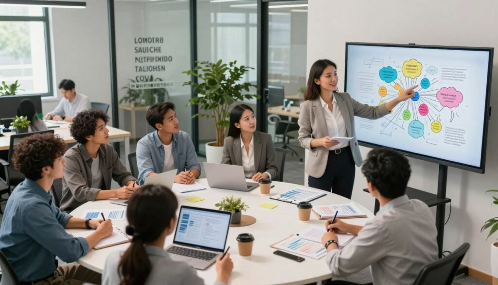 A modern office setting filled with diverse professionals showcasing strategies for leveraging strengths in the workplace. In the foreground, a confident woman in business attire stands, pointing at a colorful mind map on a large screen, surrounded by engaged colleagues taking notes. In the middle, a round table features a variety of documents, laptops, and coffee cups, while team members collaborate, sharing ideas and discussing strategies. The background features glass partitions with motivational quotes and greenery, portraying a vibrant, encouraging atmosphere. Soft, natural lighting streams through the windows, creating an uplifting mood. Capture this scene with a slightly elevated angle to emphasize teamwork and synergy in a dynamic workplace environment. A modern office setting filled with diverse professionals showcasing strategies for leveraging strengths in the workplace. In the foreground, a confident woman in business attire stands, pointing at a colorful mind map on a large screen, surrounded by engaged colleagues taking notes. In the middle, a round table features a variety of documents, laptops, and coffee cups, while team members collaborate, sharing ideas and discussing strategies. The background features glass partitions with motivational quotes and greenery, portraying a vibrant, encouraging atmosphere. Soft, natural lighting streams through the windows, creating an uplifting mood. Capture this scene with a slightly elevated angle to emphasize teamwork and synergy in a dynamic workplace environment.