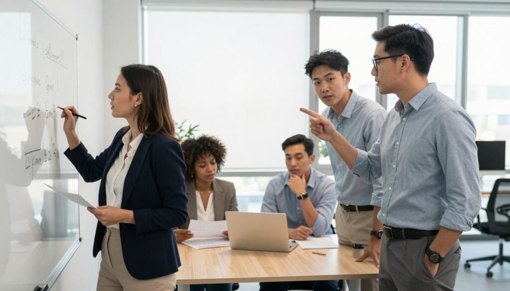 A modern office setting focusing on a diverse group of four professionals collaborating on a skill development program. In the foreground, a Caucasian woman in a blazer is jotting down ideas on a whiteboard, while an Asian man, wearing glasses, points at key points on the board. In the middle ground, a Black woman with natural hair is seated at a conference table, studying documents, and a Hispanic man is looking at a laptop, his expression thoughtful. The background features large windows allowing natural light to flood the room, creating a bright and inspiring atmosphere. The overall mood is one of innovation and teamwork, captured from a slightly elevated angle to emphasize engagement and interaction. A modern office setting focusing on a diverse group of four professionals collaborating on a skill development program. In the foreground, a Caucasian woman in a blazer is jotting down ideas on a whiteboard, while an Asian man, wearing glasses, points at key points on the board. In the middle ground, a Black woman with natural hair is seated at a conference table, studying documents, and a Hispanic man is looking at a laptop, his expression thoughtful. The background features large windows allowing natural light to flood the room, creating a bright and inspiring atmosphere. The overall mood is one of innovation and teamwork, captured from a slightly elevated angle to emphasize engagement and interaction.
