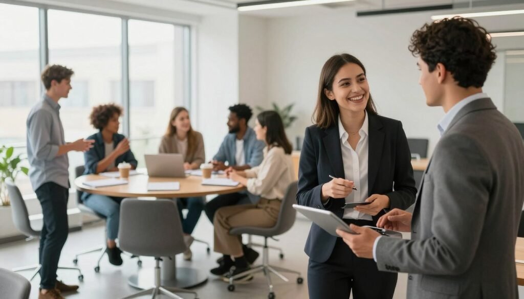 A modern office setting showcasing a diverse group of professionals engaged in dynamic networking activities. In the foreground, two individuals in professional business attire—one holding a digital tablet and the other with a laptop—are exchanging ideas and laughing, symbolizing collaboration and growth. In the middle ground, a small group is conversing animatedly at a round table, with notebooks and coffee cups, representing brainstorming and strategy implementation. The background features a bright office space with a floor-to-ceiling window, allowing soft natural light to illuminate the scene, enhancing a feeling of openness and positivity. The atmosphere is warm and inviting, suggesting productive exchanges and valuable connections being made. Capture this moment with a wide-angle lens to encompass the environment and create an engaging narrative of professional networking. A modern office setting showcasing a diverse group of professionals engaged in dynamic networking activities. In the foreground, two individuals in professional business attire—one holding a digital tablet and the other with a laptop—are exchanging ideas and laughing, symbolizing collaboration and growth. In the middle ground, a small group is conversing animatedly at a round table, with notebooks and coffee cups, representing brainstorming and strategy implementation. The background features a bright office space with a floor-to-ceiling window, allowing soft natural light to illuminate the scene, enhancing a feeling of openness and positivity. The atmosphere is warm and inviting, suggesting productive exchanges and valuable connections being made. Capture this moment with a wide-angle lens to encompass the environment and create an engaging narrative of professional networking.