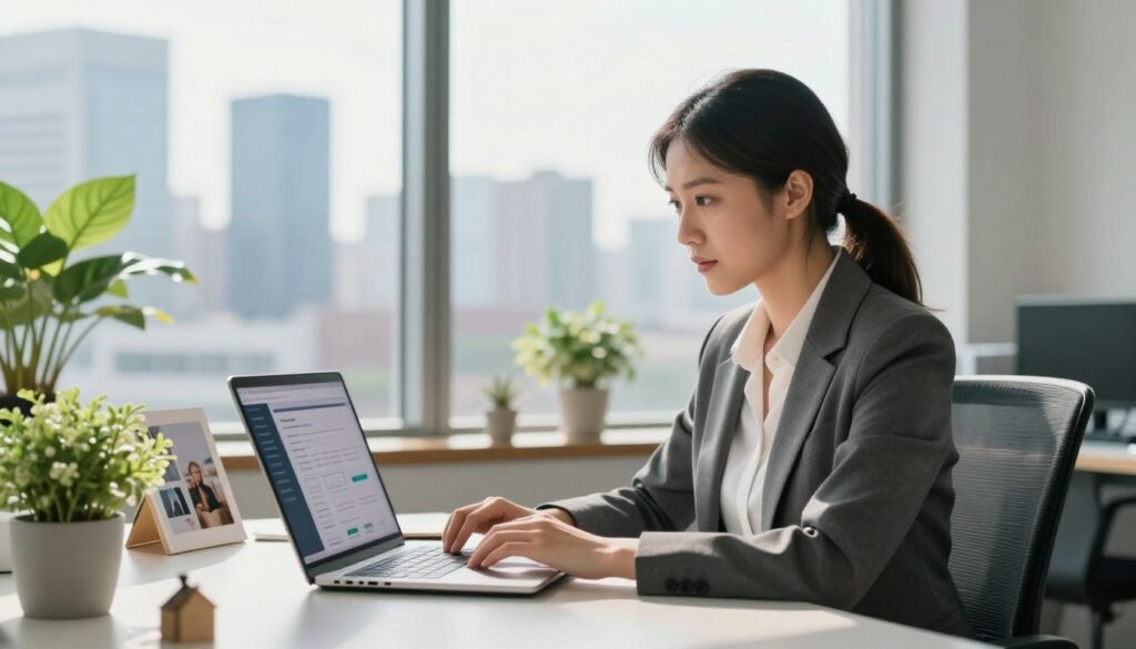 A modern office setting showcasing a professional woman in business attire, her focused expression highlights determination. She sits at a sleek desk adorned with a laptop displaying AI-driven productivity software. Around her, vibrant plants and personal photos create a balance between work and home life. In the background, a large window reveals a sunny city skyline, suggesting optimism and opportunity. Soft, natural lighting cascades through the glass, enhancing the serene atmosphere. The angle captures both the woman's engagement with technology and the inviting workspace, symbolizing harmony between career ambitions and personal well-being. The overall mood conveys empowerment and the positive impact of leveraging AI for achieving work-life balance.