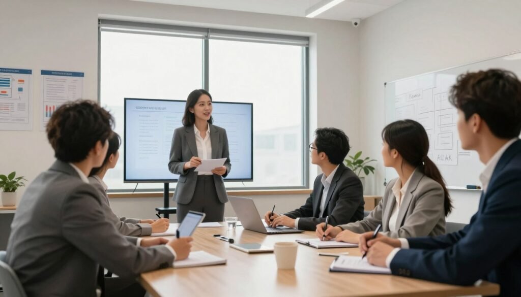 A modern office training room with a diverse group of professional individuals engaged in a collaborative workshop. In the foreground, a woman in a smart blazer presents on a digital screen, her expression focused and inspiring. Around the table, men and women in business attire actively participate, taking notes and discussing ideas. The middle ground features a large window allowing bright, natural light to illuminate the room, enhancing a positive and motivating atmosphere. The background shows wall-mounted charts and a whiteboard filled with brainstorming notes. The composition is slightly angled to suggest depth, while the lighting creates a warm, inviting environment, emphasizing teamwork and growth in professional development. A modern office training room with a diverse group of professional individuals engaged in a collaborative workshop. In the foreground, a woman in a smart blazer presents on a digital screen, her expression focused and inspiring. Around the table, men and women in business attire actively participate, taking notes and discussing ideas. The middle ground features a large window allowing bright, natural light to illuminate the room, enhancing a positive and motivating atmosphere. The background shows wall-mounted charts and a whiteboard filled with brainstorming notes. The composition is slightly angled to suggest depth, while the lighting creates a warm, inviting environment, emphasizing teamwork and growth in professional development.