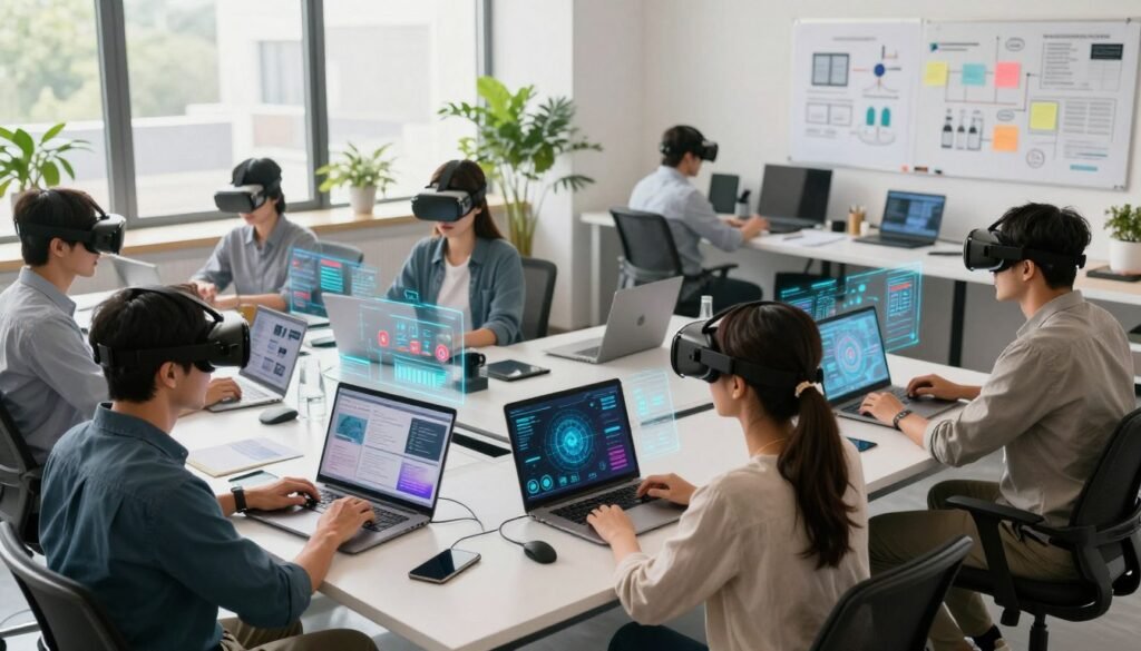 A modern workspace illustrating innovative training tools and digital learning platforms. In the foreground, a diverse group of professionals in smart casual attire is engaged in virtual reality training sessions, wearing VR headsets and interacting with holographic displays of data. The middle ground features sleek laptops and tablets displaying interactive educational content, surrounded by vibrant infographics on digital skill development. The background showcases a bright, airy office space with large windows letting in natural light, plants for a touch of nature, and whiteboards filled with brainstorming ideas. The overall atmosphere conveys a sense of collaboration and cutting-edge technology, with soft lighting to enhance focus and creativity. Capture the image from a slightly elevated angle to include all layers. A modern workspace illustrating innovative training tools and digital learning platforms. In the foreground, a diverse group of professionals in smart casual attire is engaged in virtual reality training sessions, wearing VR headsets and interacting with holographic displays of data. The middle ground features sleek laptops and tablets displaying interactive educational content, surrounded by vibrant infographics on digital skill development. The background showcases a bright, airy office space with large windows letting in natural light, plants for a touch of nature, and whiteboards filled with brainstorming ideas. The overall atmosphere conveys a sense of collaboration and cutting-edge technology, with soft lighting to enhance focus and creativity. Capture the image from a slightly elevated angle to include all layers.