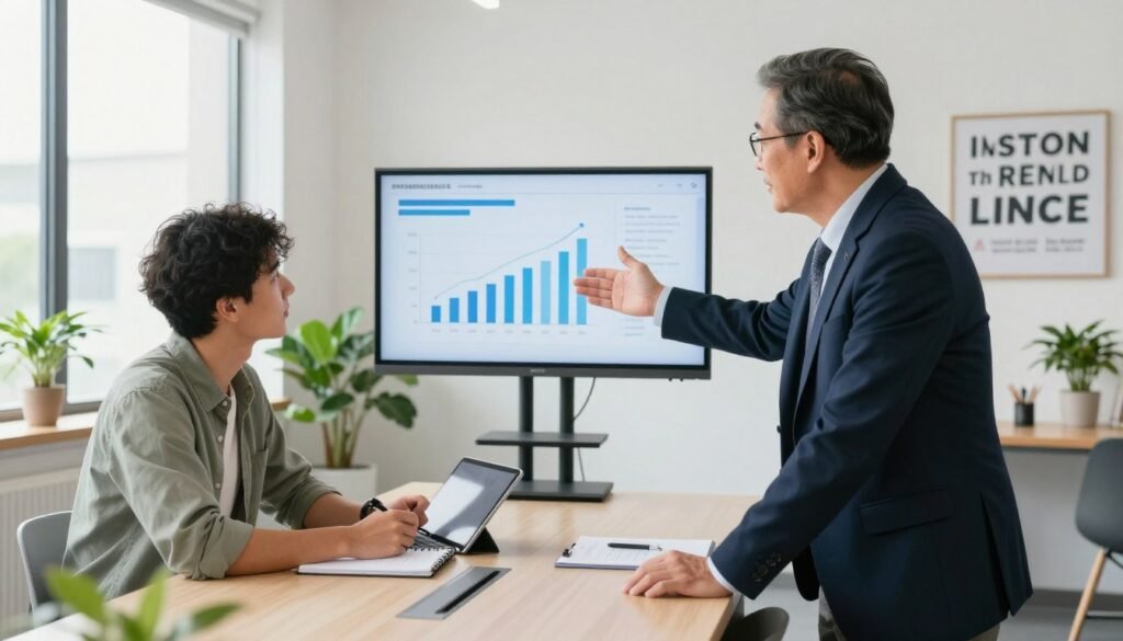 A professional mentor and mentee engaged in a dynamic discussion in a bright, modern office environment. In the foreground, the mentor, a middle-aged individual dressed in smart business attire, gestures toward a digital screen filled with growth charts and strategies, symbolizing knowledge transfer. The mentee, a young adult in casual yet polished clothing, listens intently, taking notes on a tablet. In the middle ground, a sleek meeting table is surrounded by contemporary office plants and motivational quotes on the walls, adding a sense of encouragement. The background features large windows allowing natural light to flood the space, creating a warm and uplifting atmosphere. The image captures the essence of collaboration, guidance, and support in a professional setting, emphasizing a mood of inspiration and growth. A professional mentor and mentee engaged in a dynamic discussion in a bright, modern office environment. In the foreground, the mentor, a middle-aged individual dressed in smart business attire, gestures toward a digital screen filled with growth charts and strategies, symbolizing knowledge transfer. The mentee, a young adult in casual yet polished clothing, listens intently, taking notes on a tablet. In the middle ground, a sleek meeting table is surrounded by contemporary office plants and motivational quotes on the walls, adding a sense of encouragement. The background features large windows allowing natural light to flood the space, creating a warm and uplifting atmosphere. The image captures the essence of collaboration, guidance, and support in a professional setting, emphasizing a mood of inspiration and growth.