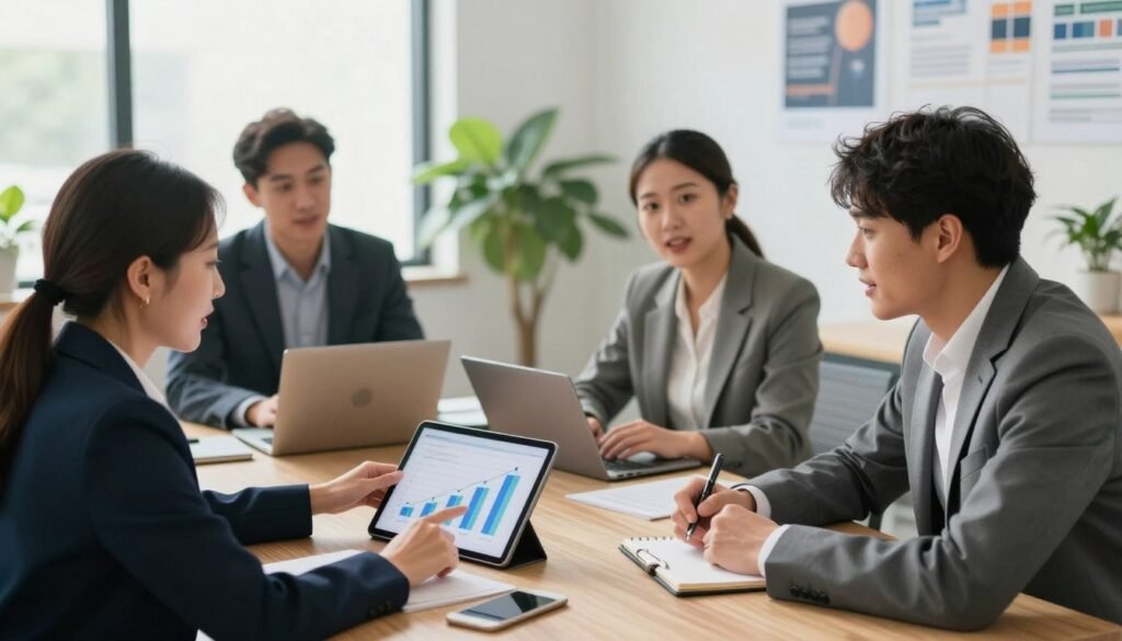 A professional setting illustrating career growth strategies, featuring a diverse group of individuals in business attire engaging in a collaborative discussion around a large table. In the foreground, a middle-aged woman points at a digital tablet displaying a growth chart while a young man takes notes, looking encouraged. In the middle ground, two other professionals are exchanging ideas with laptops open, showcasing teamwork and innovation. The background features an office environment with large windows, natural light streaming in, green plants for a refreshing touch, and motivational posters on the walls. The overall mood is optimistic and productive, captured with a slightly elevated angle to emphasize teamwork and collaboration, using soft-focused lighting to enhance the inviting atmosphere. A professional setting illustrating career growth strategies, featuring a diverse group of individuals in business attire engaging in a collaborative discussion around a large table. In the foreground, a middle-aged woman points at a digital tablet displaying a growth chart while a young man takes notes, looking encouraged. In the middle ground, two other professionals are exchanging ideas with laptops open, showcasing teamwork and innovation. The background features an office environment with large windows, natural light streaming in, green plants for a refreshing touch, and motivational posters on the walls. The overall mood is optimistic and productive, captured with a slightly elevated angle to emphasize teamwork and collaboration, using soft-focused lighting to enhance the inviting atmosphere.