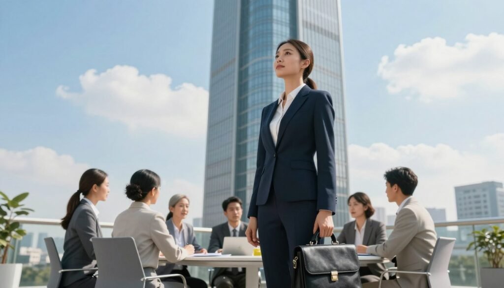 A professional woman in a smart business suit stands confidently in the foreground, holding a briefcase while looking up at a tall, modern skyscraper, symbolizing ambition and career growth. In the middle ground, a diverse group of professionals engages in a discussion around a round table, showcasing teamwork and collaboration in a bright, well-lit office space. The background features a clear blue sky with a few fluffy clouds, emphasizing optimism and future possibilities. Soft natural lighting filters through large windows, creating a warm and inviting atmosphere. The angle is slightly elevated, giving a sense of upward movement and aspiration, reflecting the essence of taking initiative in professional development. A professional woman in a smart business suit stands confidently in the foreground, holding a briefcase while looking up at a tall, modern skyscraper, symbolizing ambition and career growth. In the middle ground, a diverse group of professionals engages in a discussion around a round table, showcasing teamwork and collaboration in a bright, well-lit office space. The background features a clear blue sky with a few fluffy clouds, emphasizing optimism and future possibilities. Soft natural lighting filters through large windows, creating a warm and inviting atmosphere. The angle is slightly elevated, giving a sense of upward movement and aspiration, reflecting the essence of taking initiative in professional development.