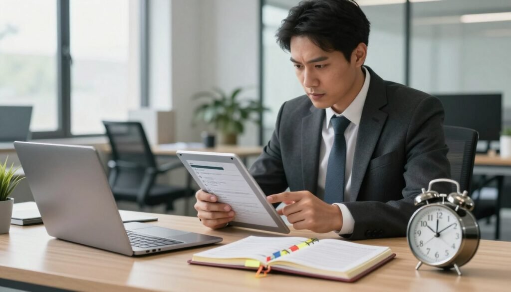 A professional workspace scene illustrating essential time management strategies. In the foreground, a well-organized desk with a sleek laptop, a planner filled with notes, colorful sticky tabs, and a stylish desk clock emphasizing efficiency. In the middle, a focused professional in business attire, displaying a determined expression while analyzing a task list on a tablet. The background features a modern office environment with large windows, allowing natural light to flood the space, creating a productive and inspiring atmosphere. Soft, diffused lighting highlights the professional's concentration and the clarity of the desk items. The overall mood is one of motivation and clarity, encouraging effective time management. A professional workspace scene illustrating essential time management strategies. In the foreground, a well-organized desk with a sleek laptop, a planner filled with notes, colorful sticky tabs, and a stylish desk clock emphasizing efficiency. In the middle, a focused professional in business attire, displaying a determined expression while analyzing a task list on a tablet. The background features a modern office environment with large windows, allowing natural light to flood the space, creating a productive and inspiring atmosphere. Soft, diffused lighting highlights the professional's concentration and the clarity of the desk items. The overall mood is one of motivation and clarity, encouraging effective time management.