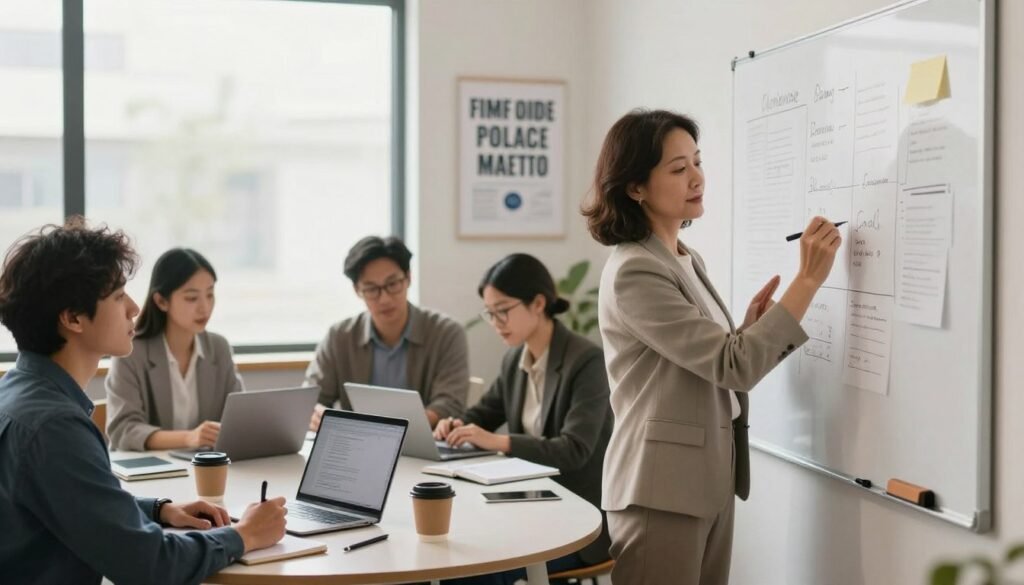 A serene office environment depicting a diverse group of professionals engaged in daily practices of development and goal setting. In the foreground, a middle-aged woman in business attire stands confidently, writing on a whiteboard filled with notes and goals, while a young man listens attentively, taking notes. In the middle, a round table is set with laptops, planners, and coffee cups, showcasing collaboration and focus. In the background, large windows let in soft natural light, illuminating a motivational poster that blends seamlessly into the scenery. The overall atmosphere is inspiring and productive, with a sense of teamwork and personal growth permeating the scene. Use a soft focus lens to create a warm, inviting ambiance. A serene office environment depicting a diverse group of professionals engaged in daily practices of development and goal setting. In the foreground, a middle-aged woman in business attire stands confidently, writing on a whiteboard filled with notes and goals, while a young man listens attentively, taking notes. In the middle, a round table is set with laptops, planners, and coffee cups, showcasing collaboration and focus. In the background, large windows let in soft natural light, illuminating a motivational poster that blends seamlessly into the scenery. The overall atmosphere is inspiring and productive, with a sense of teamwork and personal growth permeating the scene. Use a soft focus lens to create a warm, inviting ambiance.