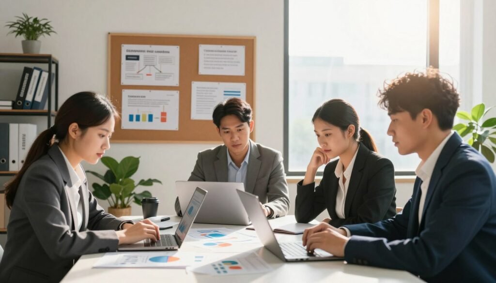 A serene office environment set as the foreground, featuring a diverse group of three professionals intently engaged in career exploration research around a large table filled with laptops, charts, and colorful graphs. In the middle ground, a corkboard displays various career paths, companies, and inspirational quotes, while a large window lets in warm sunlight, casting a soft glow over the scene. The background includes shelves filled with books on career development and a potted plant, adding a touch of nature. The atmosphere is focused and inspiring, encouraging a sense of collaboration and discovery. The lighting is natural and bright, enhancing the sense of aspiration and professional growth. The professionals are dressed in smart business attire, exuding professionalism and dedication to their research. A serene office environment set as the foreground, featuring a diverse group of three professionals intently engaged in career exploration research around a large table filled with laptops, charts, and colorful graphs. In the middle ground, a corkboard displays various career paths, companies, and inspirational quotes, while a large window lets in warm sunlight, casting a soft glow over the scene. The background includes shelves filled with books on career development and a potted plant, adding a touch of nature. The atmosphere is focused and inspiring, encouraging a sense of collaboration and discovery. The lighting is natural and bright, enhancing the sense of aspiration and professional growth. The professionals are dressed in smart business attire, exuding professionalism and dedication to their research.