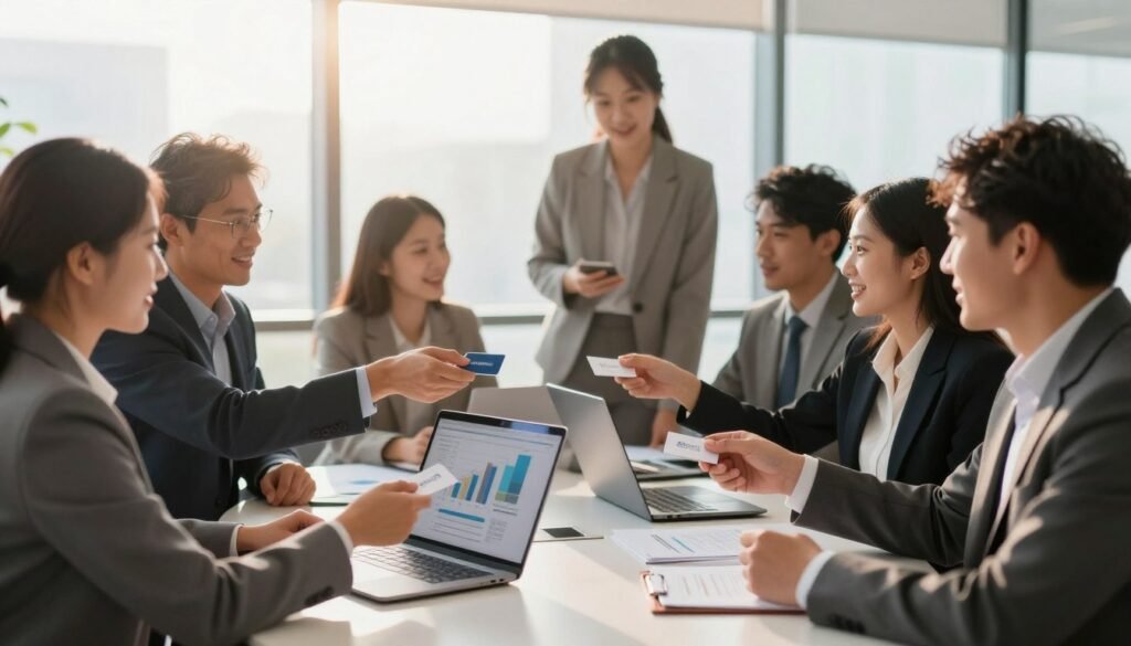 A vibrant and engaging scene showcasing effective networking approaches for career advancement. In the foreground, a diverse group of professionals in business attire are engaged in dynamic discussions, exchanging business cards and ideas. The middle ground features a round table with a laptop open, displaying graphs and charts, symbolizing collaboration and strategy. In the background, a modern office environment with large windows illuminated by warm sunlight, creating a welcoming atmosphere. A sense of camaraderie and ambition fills the air, accentuated by soft focus on the background to emphasize the foreground activities. The lighting is bright yet inviting, with a slight bokeh effect to draw attention to the networking interactions. A vibrant and engaging scene showcasing effective networking approaches for career advancement. In the foreground, a diverse group of professionals in business attire are engaged in dynamic discussions, exchanging business cards and ideas. The middle ground features a round table with a laptop open, displaying graphs and charts, symbolizing collaboration and strategy. In the background, a modern office environment with large windows illuminated by warm sunlight, creating a welcoming atmosphere. A sense of camaraderie and ambition fills the air, accentuated by soft focus on the background to emphasize the foreground activities. The lighting is bright yet inviting, with a slight bokeh effect to draw attention to the networking interactions.