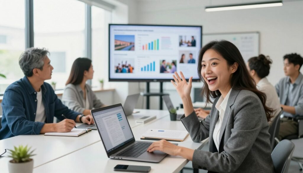 A vibrant, inspiring workspace showcasing a diverse group of professionals engaged in skill enhancement and collaboration. In the foreground, a confident woman in business attire demonstrates a new software application on a laptop, her expression one of excitement. Beside her, a middle-aged man in smart casual clothing takes notes, reflecting determination and interest. In the middle ground, a large screen displays various success stories, including charts and images, representing achievements in various fields. The background features a bright, modern office space with large windows allowing natural light to flood in, accentuating the atmosphere of energy and innovation. The overall mood is uplifting and motivational, aimed at encouraging personal growth and community learning. The image should be well-lit, captured from a slightly elevated angle, emphasizing the collaboration in action. A vibrant, inspiring workspace showcasing a diverse group of professionals engaged in skill enhancement and collaboration. In the foreground, a confident woman in business attire demonstrates a new software application on a laptop, her expression one of excitement. Beside her, a middle-aged man in smart casual clothing takes notes, reflecting determination and interest. In the middle ground, a large screen displays various success stories, including charts and images, representing achievements in various fields. The background features a bright, modern office space with large windows allowing natural light to flood in, accentuating the atmosphere of energy and innovation. The overall mood is uplifting and motivational, aimed at encouraging personal growth and community learning. The image should be well-lit, captured from a slightly elevated angle, emphasizing the collaboration in action.