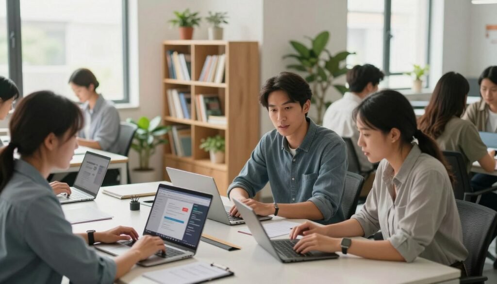 A vibrant office environment filled with motivated employees engaged in various learning activities. In the foreground, a diverse group of three professionals, two men and one woman, are gathered around a modern conference table, actively discussing ideas and collaborating over digital devices. The middle ground features bookshelves filled with educational materials, alongside laptops displaying online courses and webinars. In the background, large windows bathe the room in natural light, creating an inviting atmosphere. Plants add a touch of greenery, enhancing the feeling of growth and freshness. The overall mood is one of enthusiasm and empowerment, symbolizing the benefits of continuous learning for both employees and organizations, captured with soft focus and warm lighting for a welcoming effect. A vibrant office environment filled with motivated employees engaged in various learning activities. In the foreground, a diverse group of three professionals, two men and one woman, are gathered around a modern conference table, actively discussing ideas and collaborating over digital devices. The middle ground features bookshelves filled with educational materials, alongside laptops displaying online courses and webinars. In the background, large windows bathe the room in natural light, creating an inviting atmosphere. Plants add a touch of greenery, enhancing the feeling of growth and freshness. The overall mood is one of enthusiasm and empowerment, symbolizing the benefits of continuous learning for both employees and organizations, captured with soft focus and warm lighting for a welcoming effect.