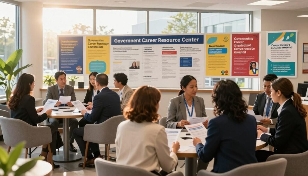 A vibrant scene depicting a government career resource center, with a focus on a welcoming reception area in the foreground. A diverse group of people in professional business attire are engaged in discussions and reviewing brochures about career transition opportunities. The middle layer features a large display board showcasing various community resources, workshops, and networking events, surrounded by colorful posters emphasizing career support. In the background, large windows let in warm sunlight, creating a bright and inviting atmosphere. Soft shadows are cast by contemporary furniture, with motivational elements like plants adding a touch of life. The mood is inspiring and hopeful, reflecting the positive impact of government and community resources on career transitions. A vibrant scene depicting a government career resource center, with a focus on a welcoming reception area in the foreground. A diverse group of people in professional business attire are engaged in discussions and reviewing brochures about career transition opportunities. The middle layer features a large display board showcasing various community resources, workshops, and networking events, surrounded by colorful posters emphasizing career support. In the background, large windows let in warm sunlight, creating a bright and inviting atmosphere. Soft shadows are cast by contemporary furniture, with motivational elements like plants adding a touch of life. The mood is inspiring and hopeful, reflecting the positive impact of government and community resources on career transitions.
