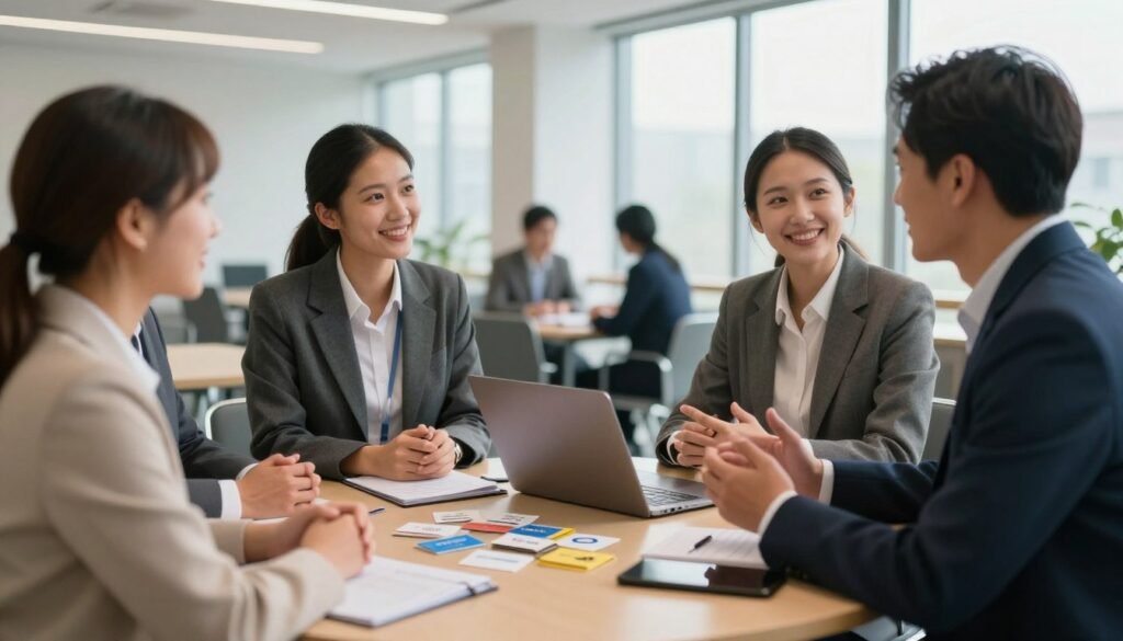 A vibrant scene depicting a professional networking event focused on mentorship. In the foreground, a diverse group of four individuals in smart business attire engages in conversation, exchanging ideas and smiles, symbolizing connection and guidance. In the middle, a round table is cluttered with business cards, a laptop, and notepads, suggesting active discussion and collaboration. The background shows a bright, modern conference room with large windows allowing soft, natural light to illuminate the space, enhancing a warm, inviting atmosphere. Use a wide-angle lens to capture the depth of the scene while creating a sense of camaraderie and opportunity. The overall mood is positive and inspiring, fostering a sense of ambition and professional growth. A vibrant scene depicting a professional networking event focused on mentorship. In the foreground, a diverse group of four individuals in smart business attire engages in conversation, exchanging ideas and smiles, symbolizing connection and guidance. In the middle, a round table is cluttered with business cards, a laptop, and notepads, suggesting active discussion and collaboration. The background shows a bright, modern conference room with large windows allowing soft, natural light to illuminate the space, enhancing a warm, inviting atmosphere. Use a wide-angle lens to capture the depth of the scene while creating a sense of camaraderie and opportunity. The overall mood is positive and inspiring, fostering a sense of ambition and professional growth.