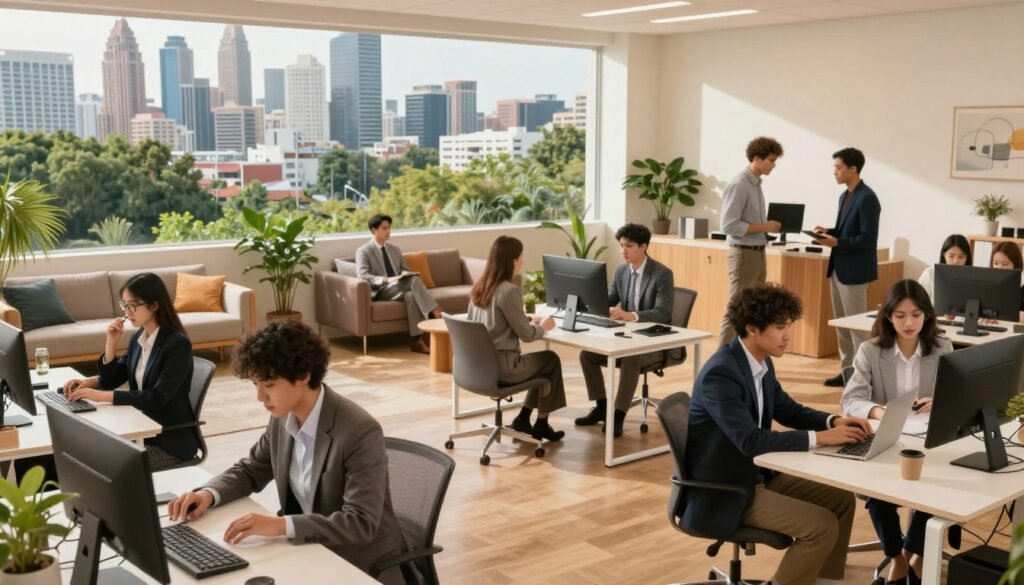 A vibrant scene depicting the changing landscape of work and personal life. In the foreground, a diverse group of professionals in business attire engage in a hybrid workspace, with some working at desks and others collaborating in a relaxed lounge area. In the middle ground, a blend of home environments and office spaces merges seamlessly, reflecting a balance between remote work and traditional settings. The background showcases a skyline representing modern cities with greenery interspersed, symbolizing the integration of nature in work life. Soft, warm lighting bathes the scene, creating an inviting atmosphere. The perspective is slightly elevated, capturing the depth of the space, with a focus on the harmonious interaction between work and personal life elements.